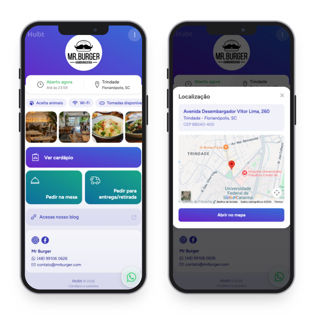 Perfil no celular com a janela Localização aberta, mostrando o endereço, o mapa e o botão Abrir no mapa