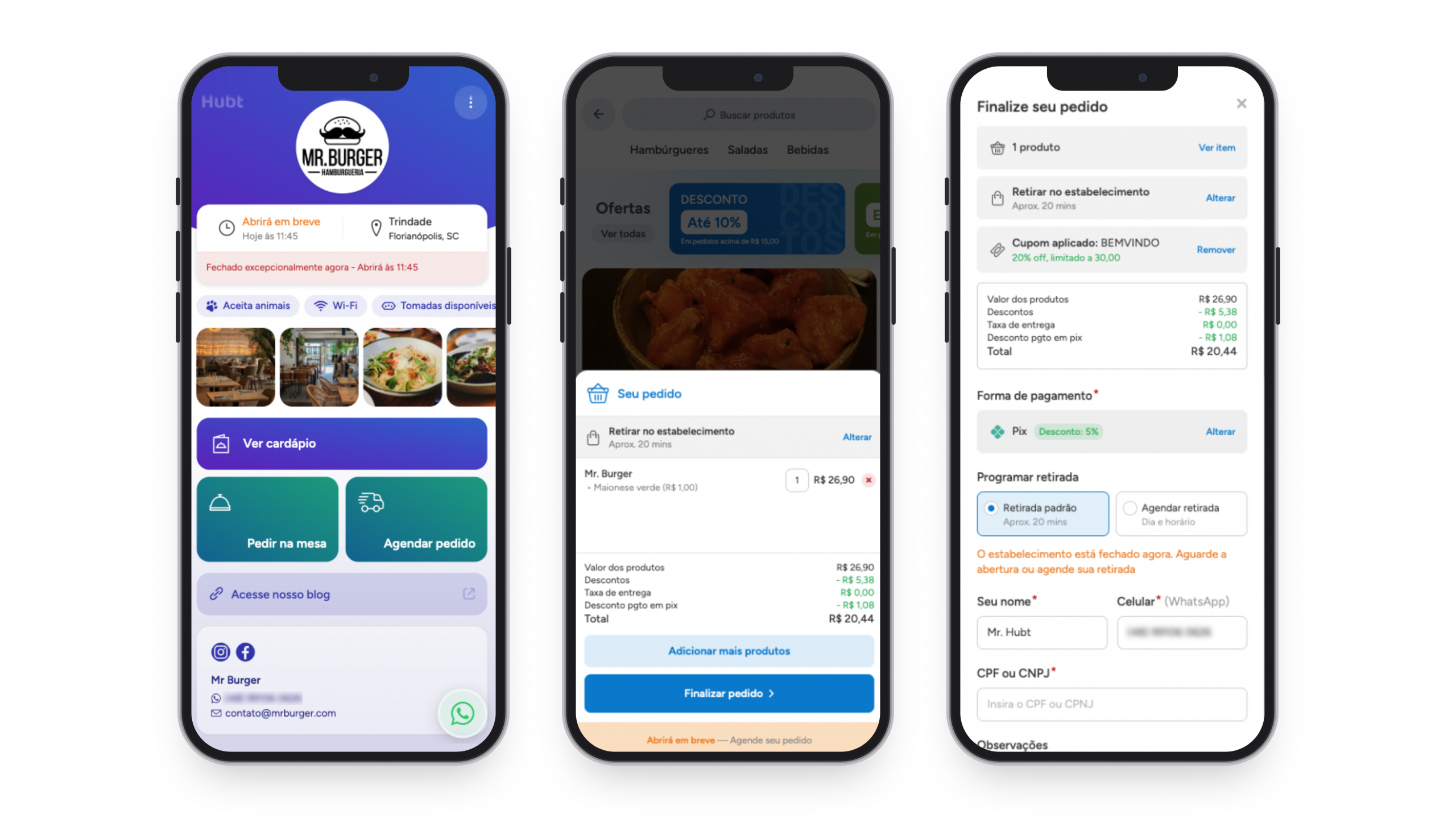 Tres telas do celular mostrando o aviso de estabelecimento fechado na pagina, no carrinho e no checkout