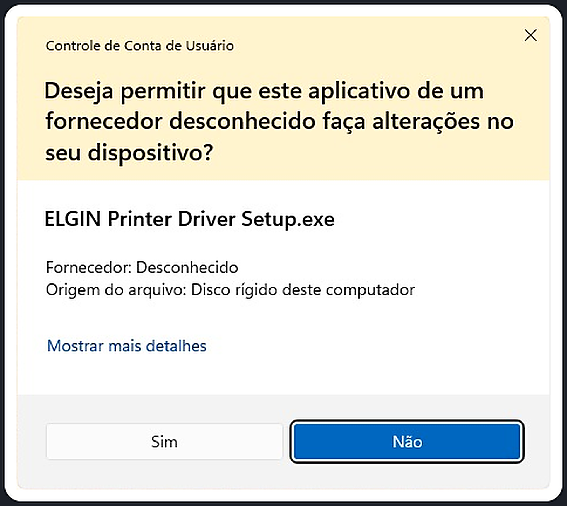 Aviso do Windows pedindo permissão para o instalador