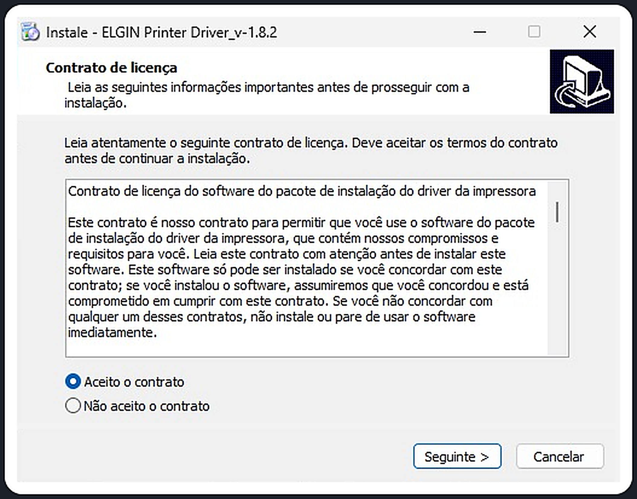 Contrato de licença do instalador do driver da Elgin