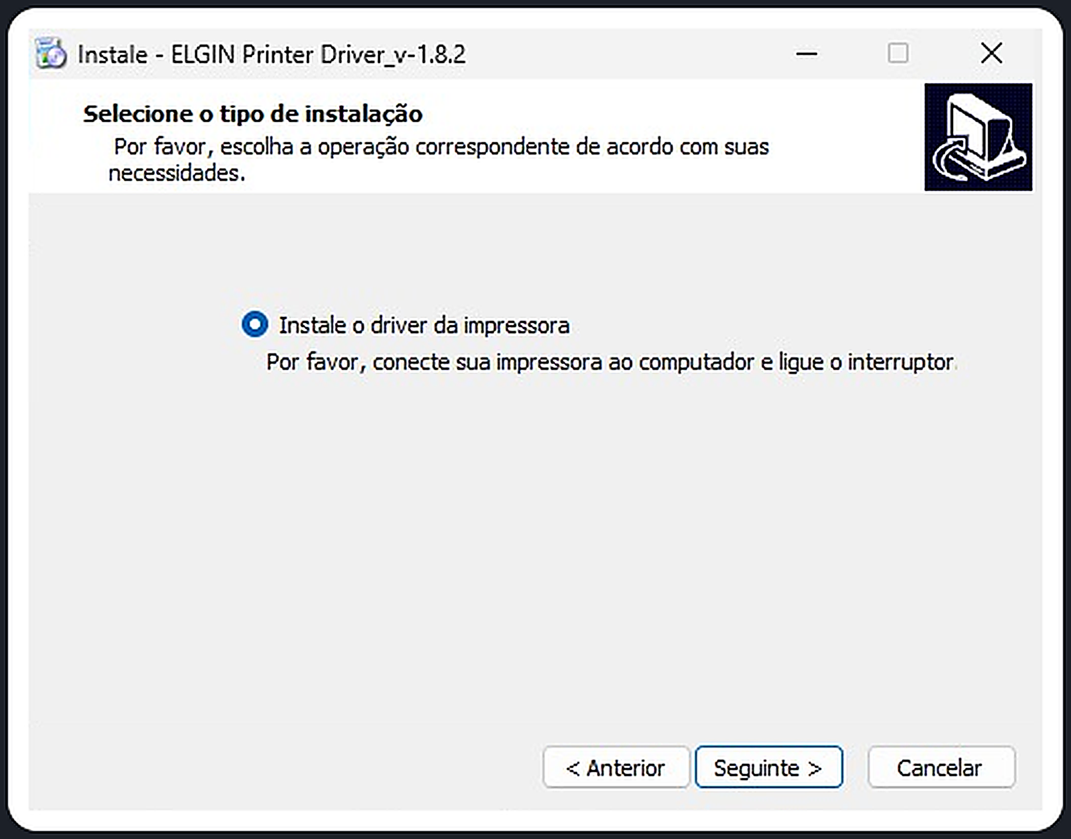 Tela de tipo de instalação do driver da Elgin