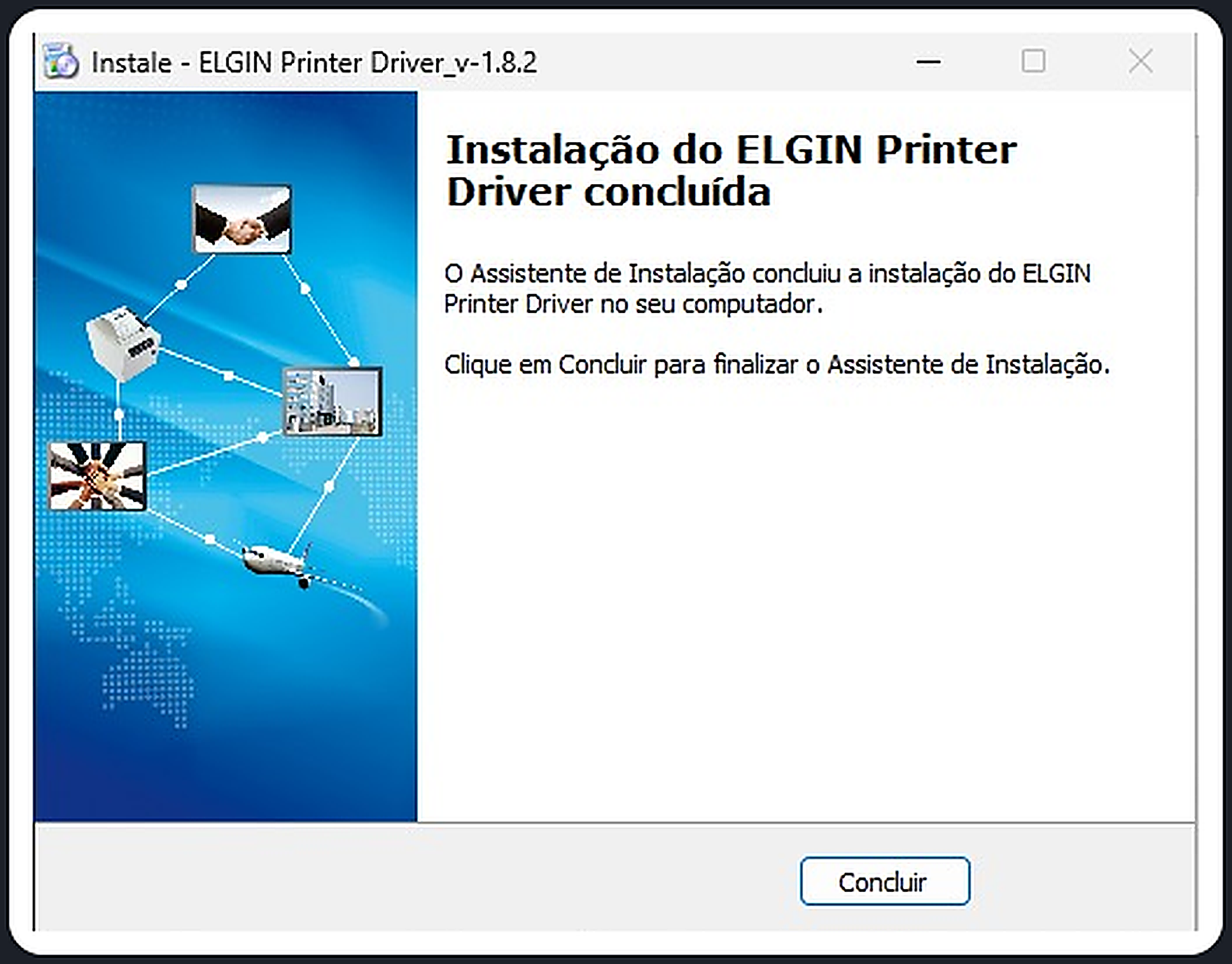 Tela final da instalação do driver da Elgin