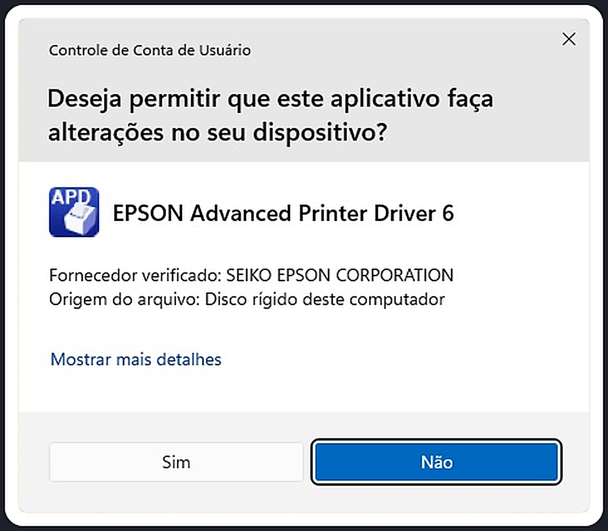 Aviso do Windows pedindo permissão para o instalador
