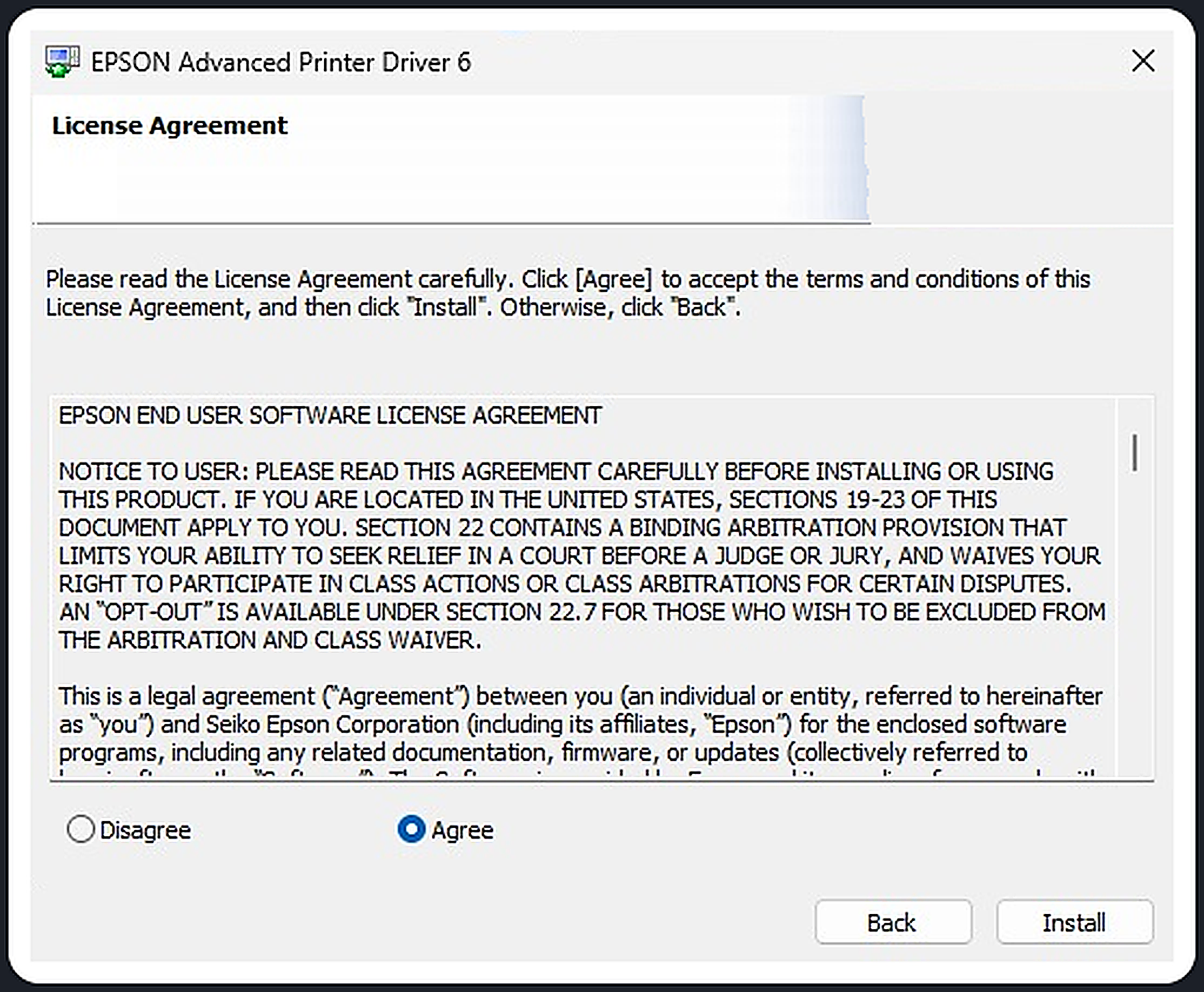Tela de contrato de licença do driver da Epson com a opção Agree marcada
