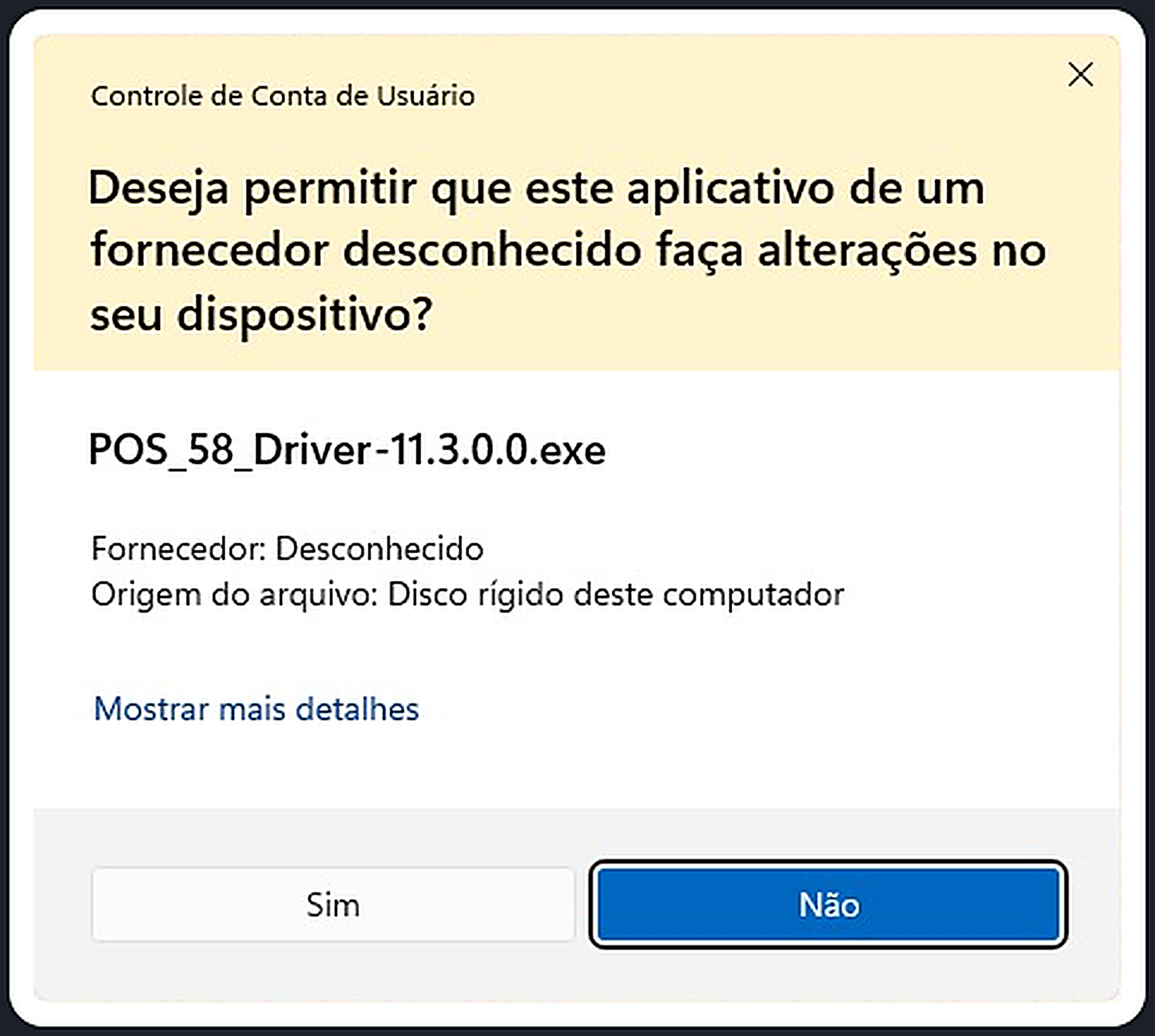 Aviso do Windows pedindo permissão para o instalador