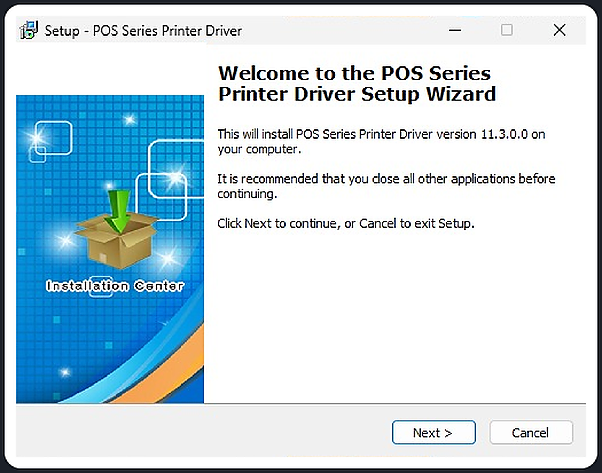 Tela inicial do instalador do driver da POS