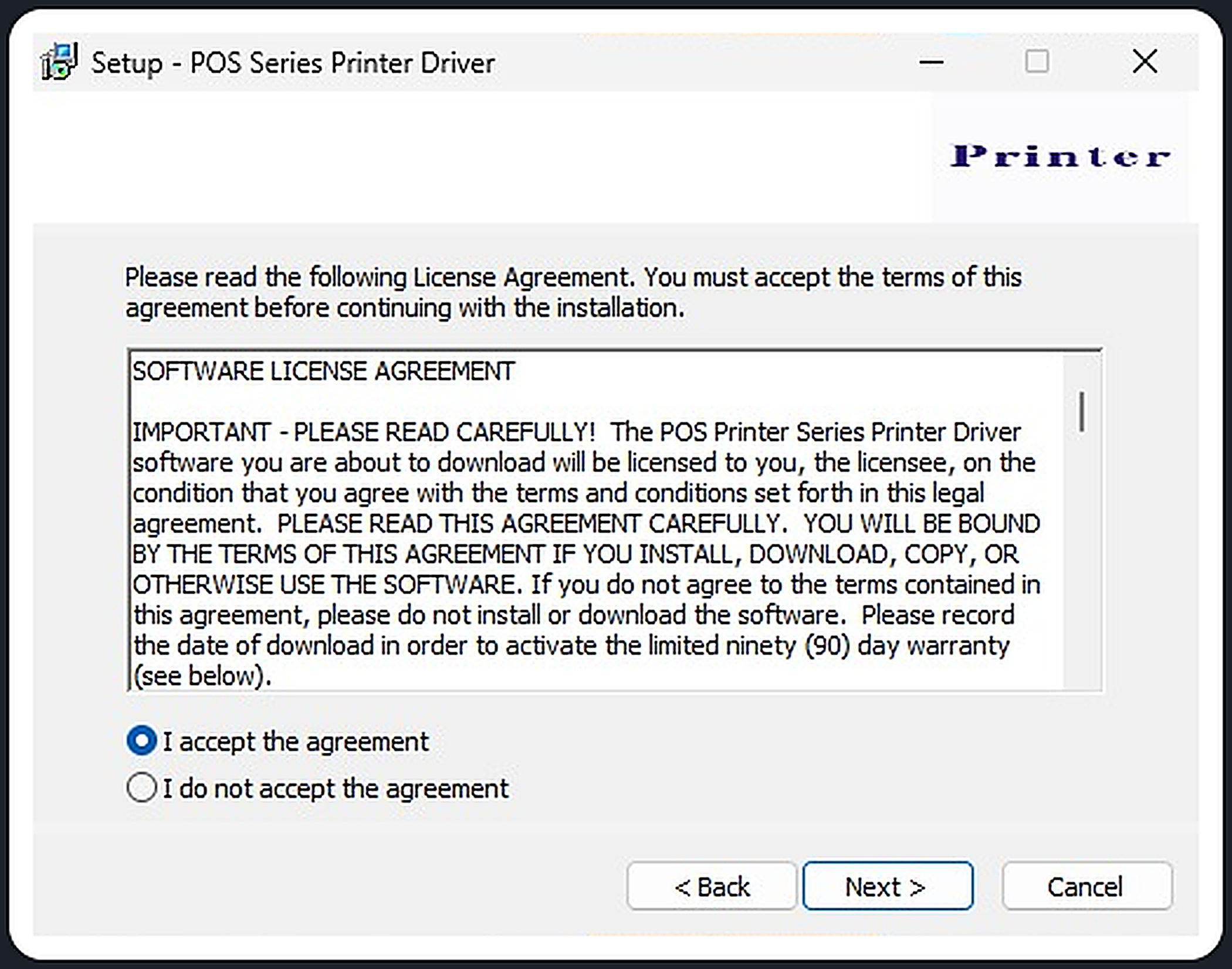 Contrato de licença do instalador da POS com a opção de aceitar marcada