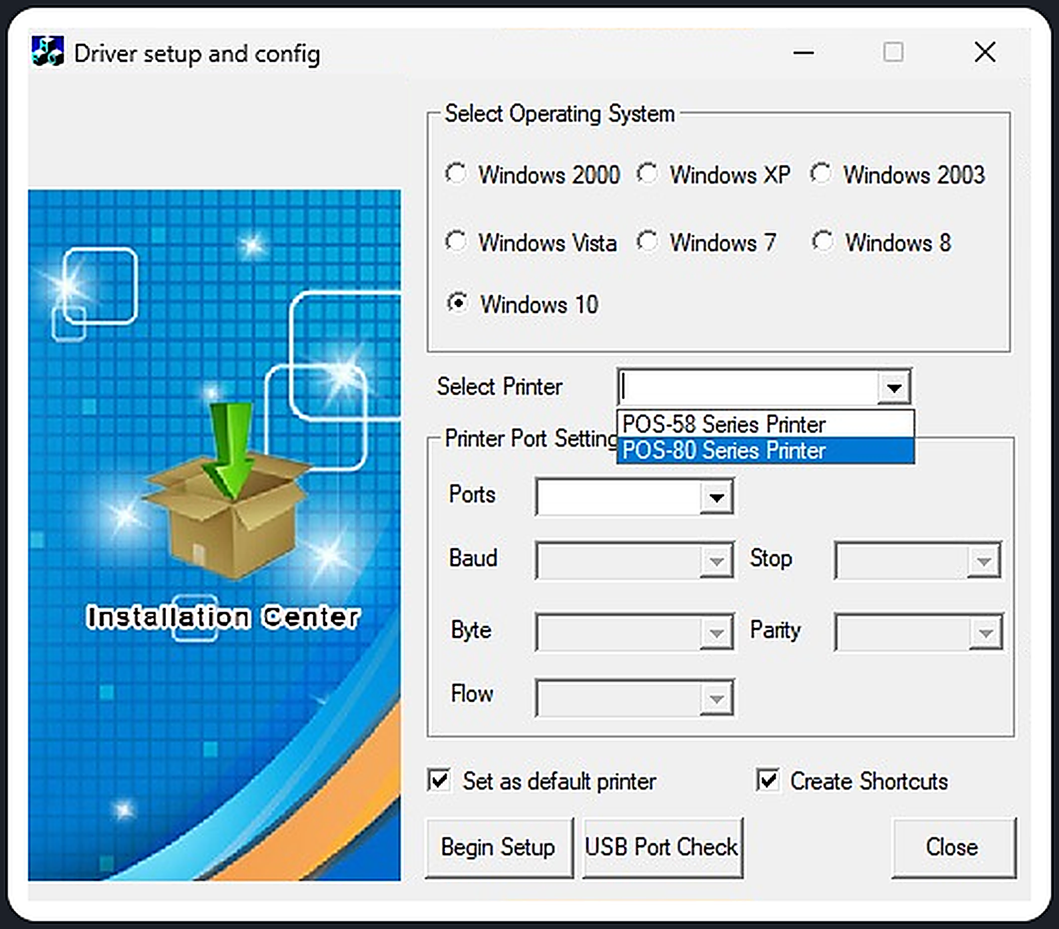 Tela Driver setup and config com a lista de modelos aberta