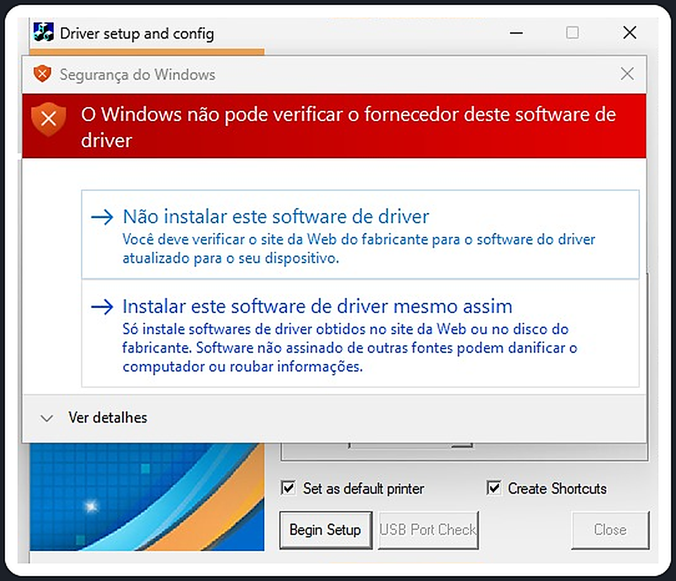 Aviso do Windows sobre fornecedor não verificado do driver da POS