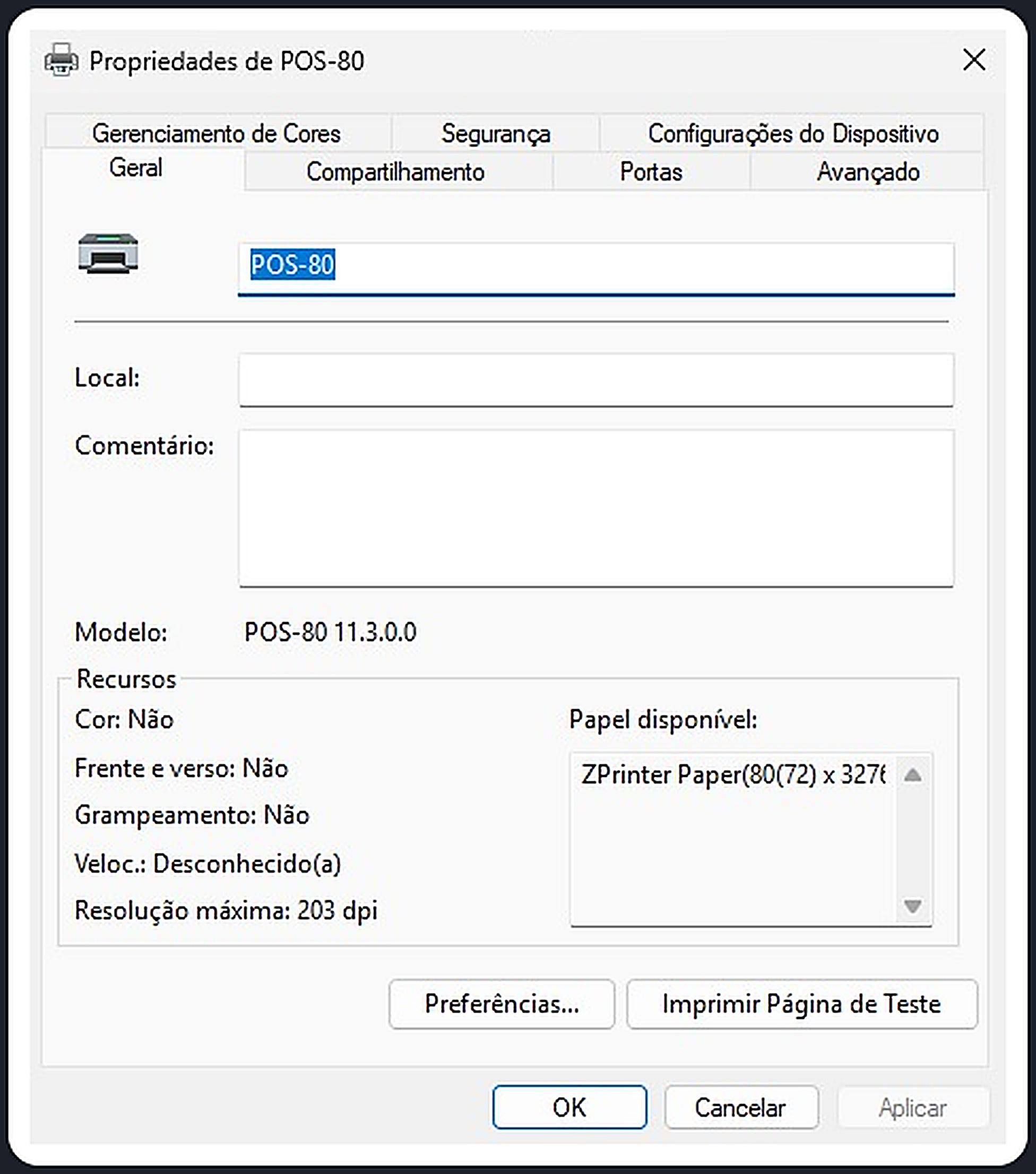 Propriedades da POS-80 com o botão Imprimir Página de Teste