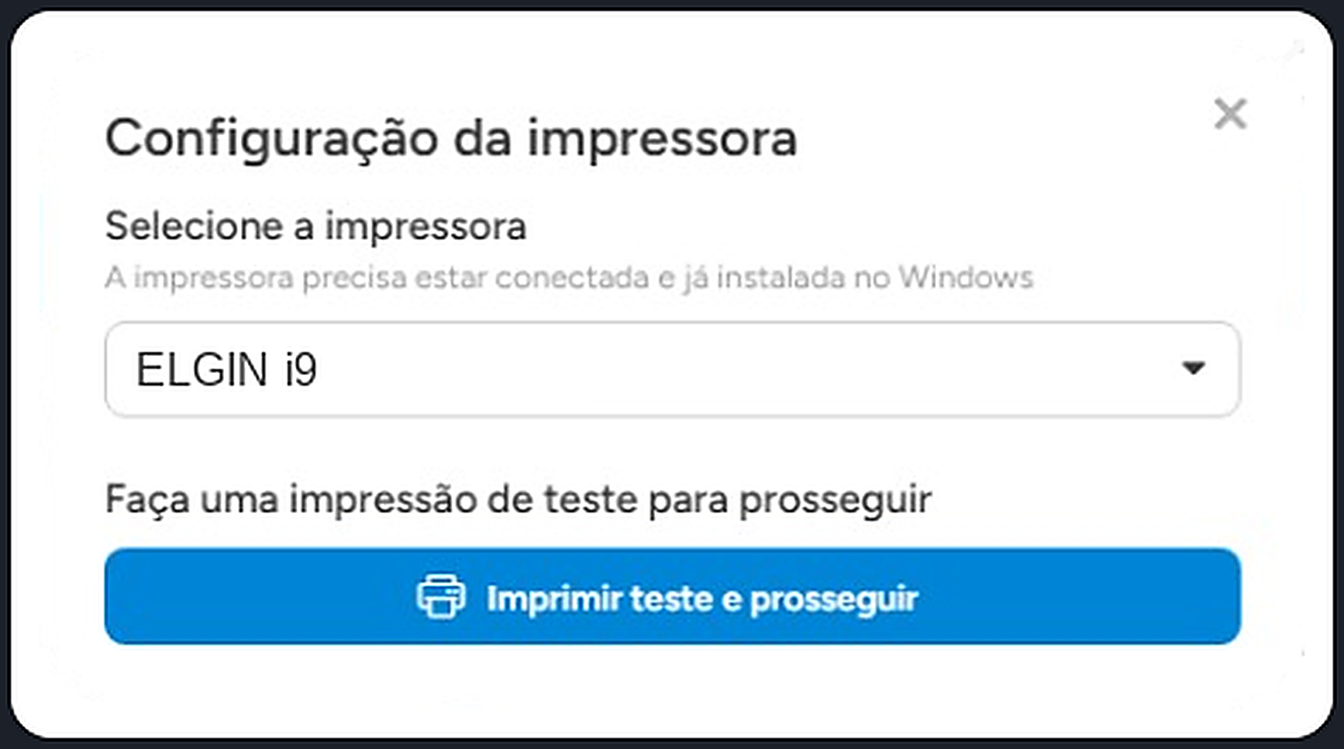 Botão imprimir teste e prosseguir com a impressora Elgin