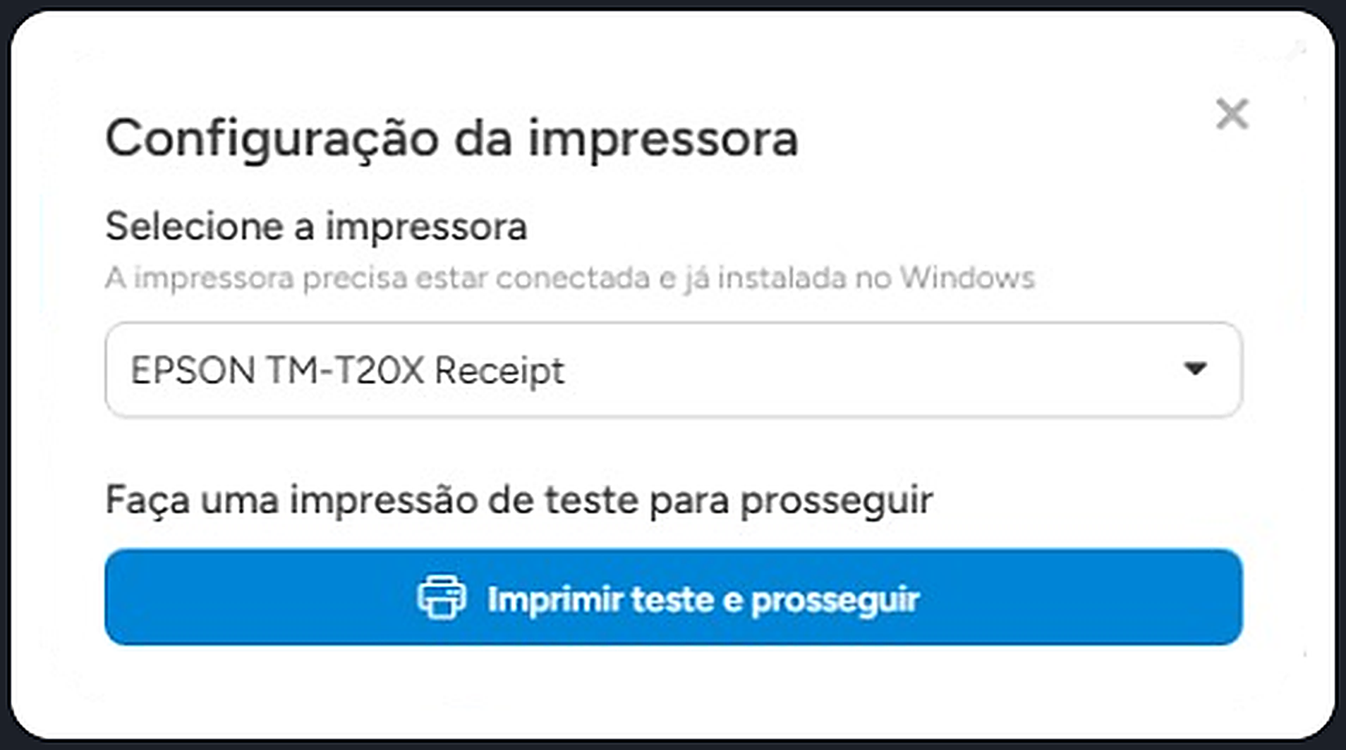 Botão imprimir teste e prosseguir com a impressora Epson