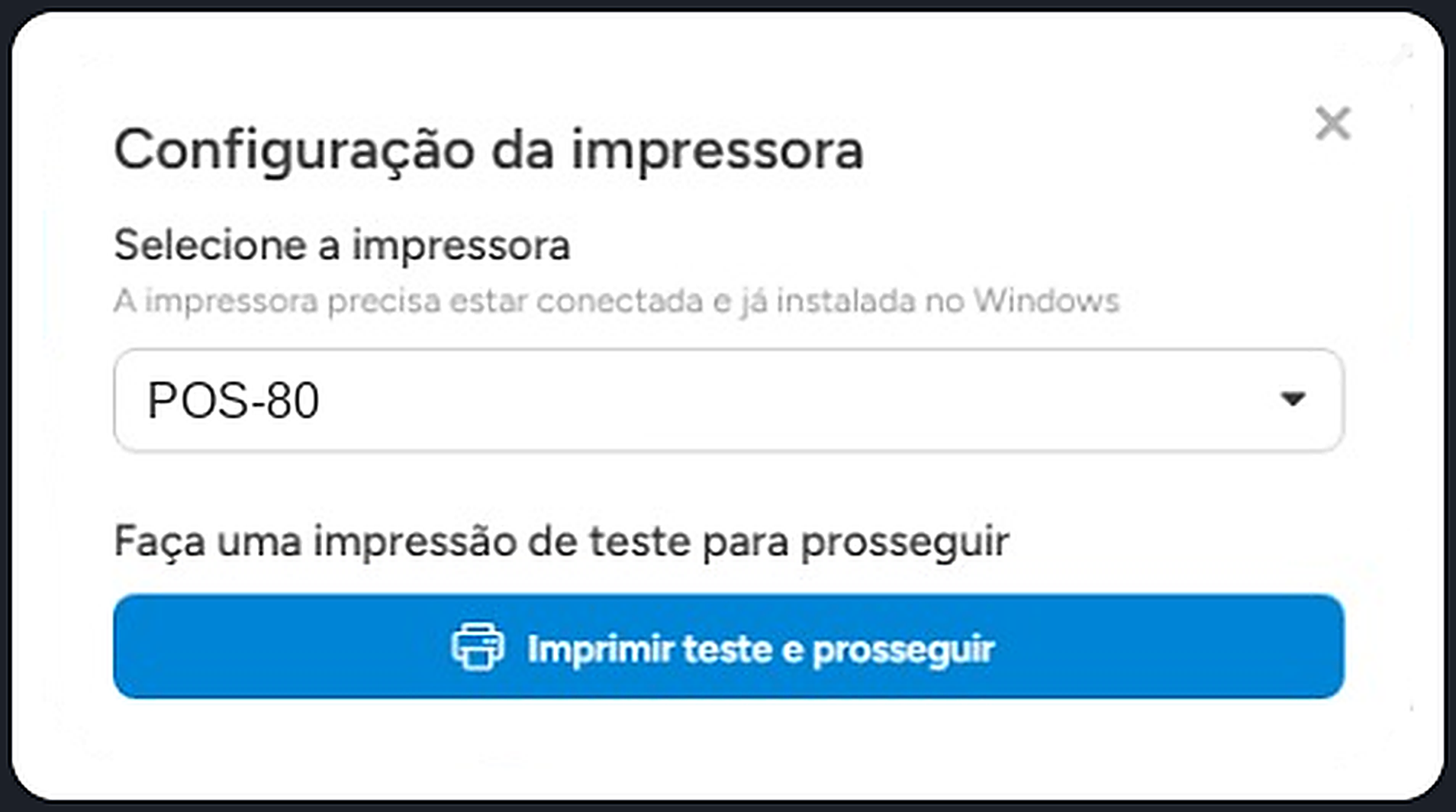Botão imprimir teste e prosseguir com a impressora POS