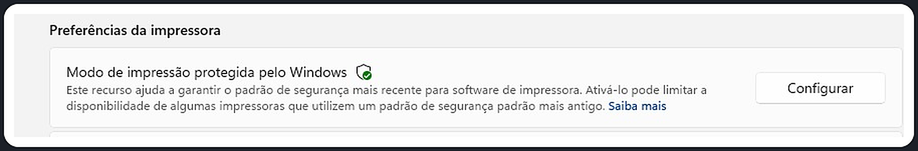 Modo de impressão protegida pelo Windows nas preferências da impressora
