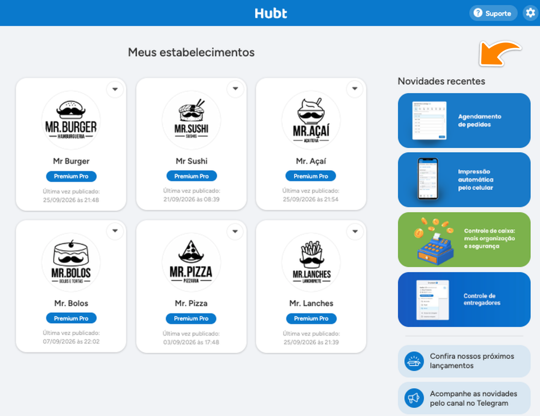 Tela Meus estabelecimentos com a coluna Novidades recentes à direita e os atalhos para os próximos lançamentos e para o canal no Telegram