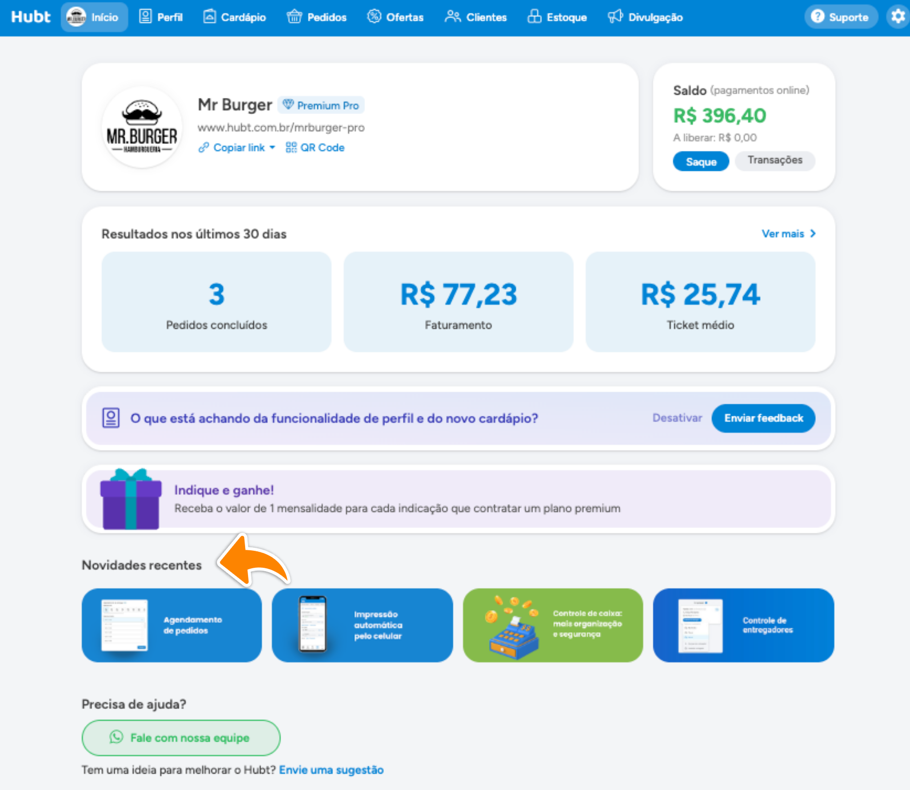 Tela de Início do painel com o bloco Novidades recentes e os cartões coloridos de cada recurso