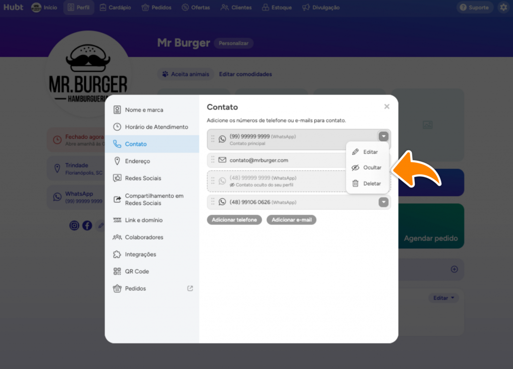 Menu do contato aberto com as opções Editar, Ocultar e Deletar, e a seta laranja apontando para Ocultar