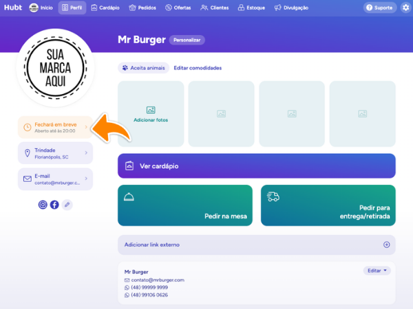 Perfil com a seta laranja apontando para o card de horário na coluna da esquerda, onde aparece Aberto agora, Fechará em breve ou Fechado agora