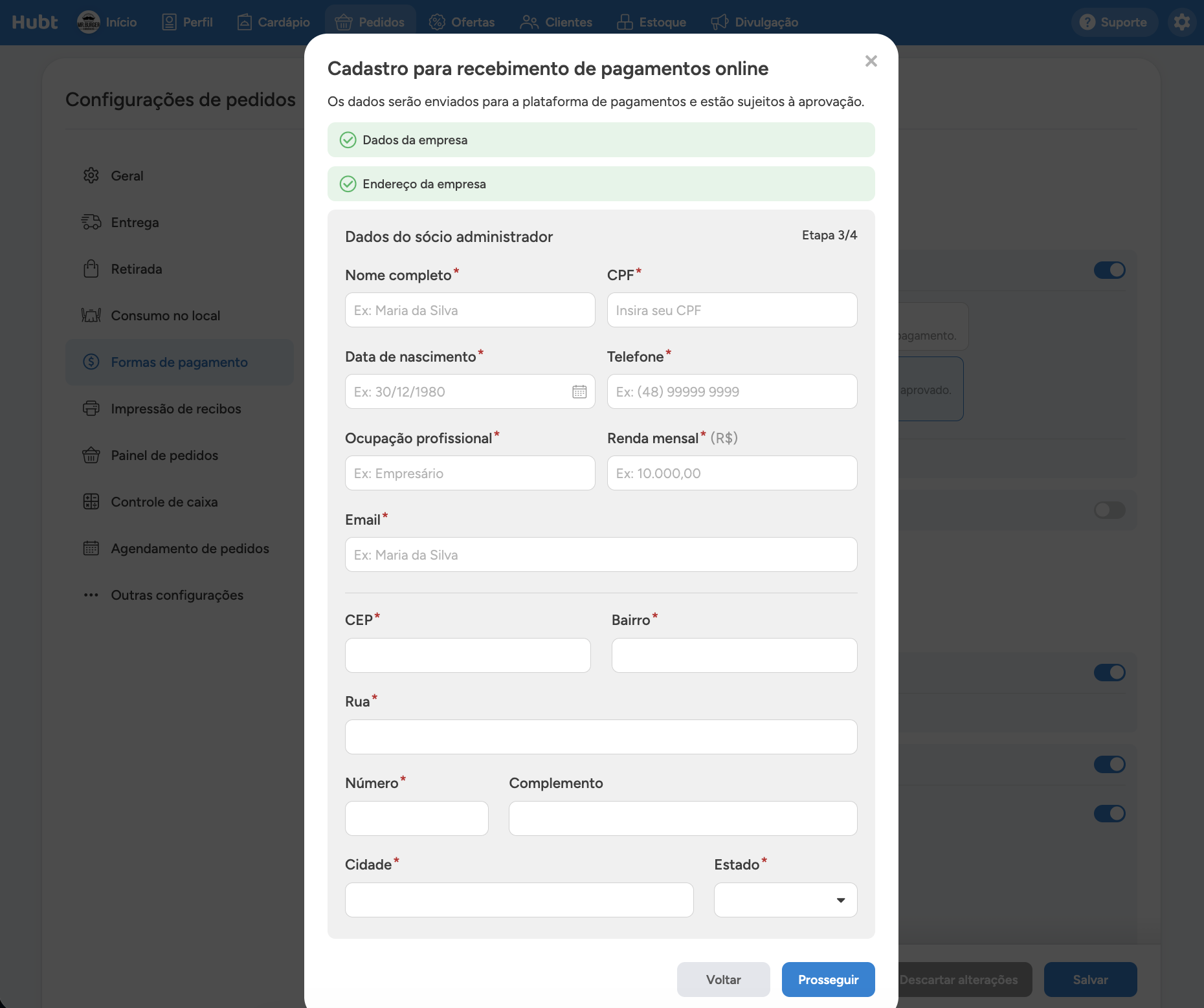 Etapa 3 de 4 do cadastro, com os dados do socio administrador