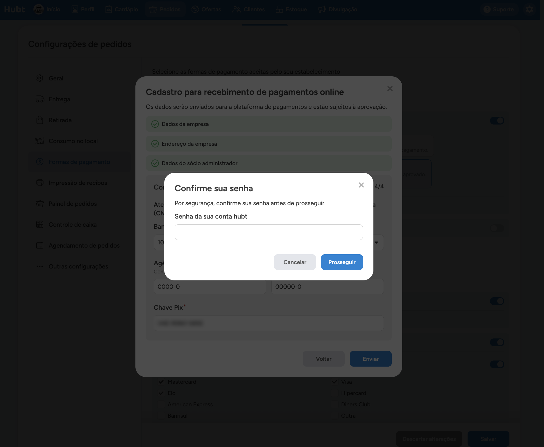 Janela Confirme sua senha antes de enviar o cadastro