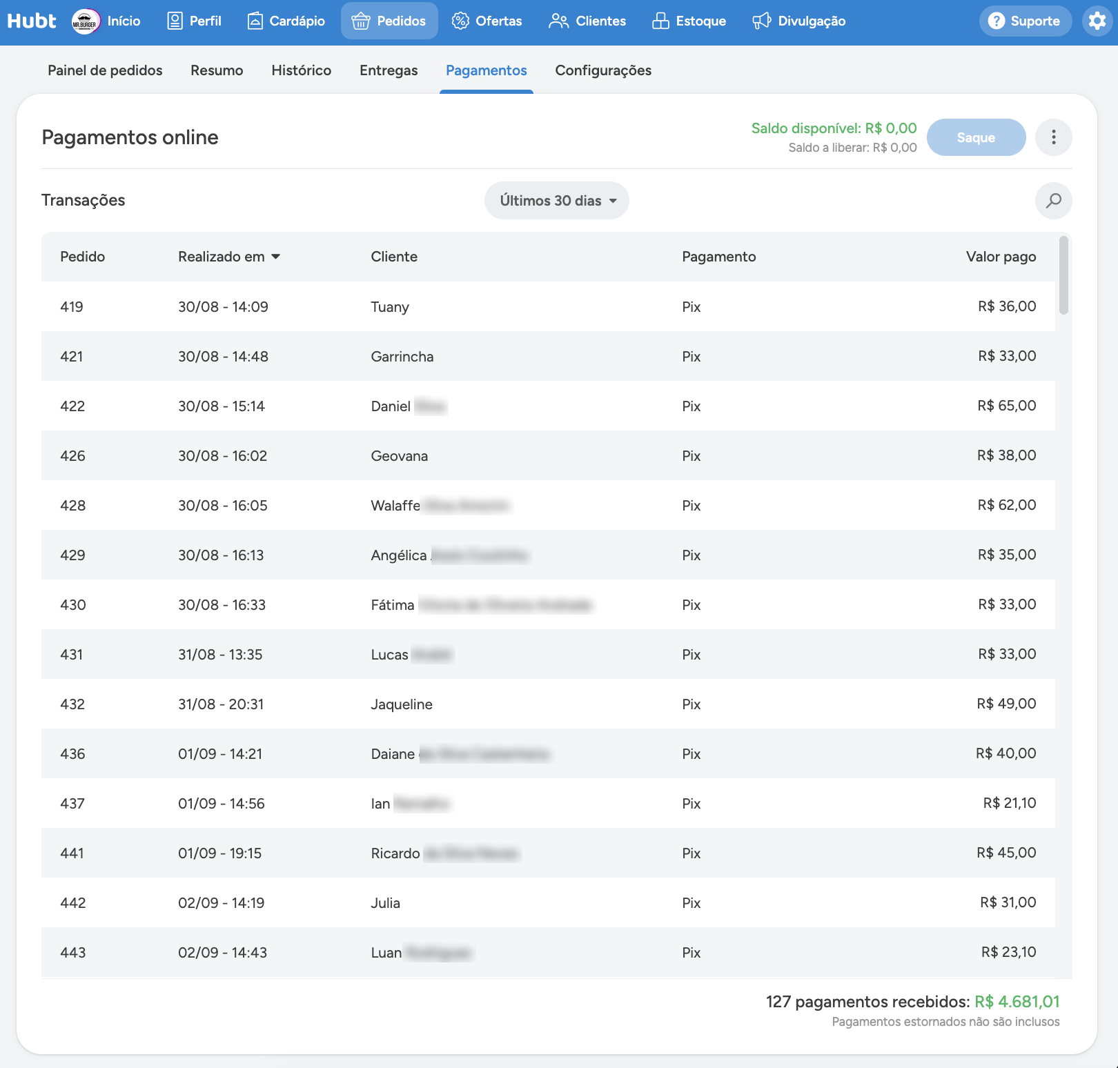 Aba Pagamentos online com o saldo, o botao Saque, o seletor de periodo, a lista de transacoes e o total recebido