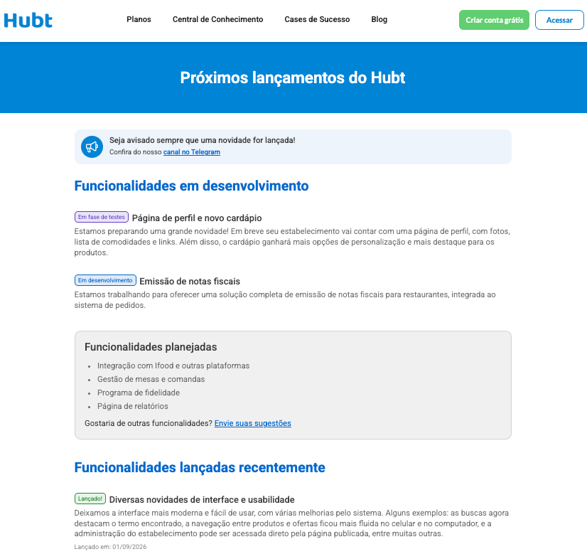 Página Próximos lançamentos do Hubt com o aviso do canal no Telegram, as funcionalidades em desenvolvimento, as planejadas e as lançadas recentemente