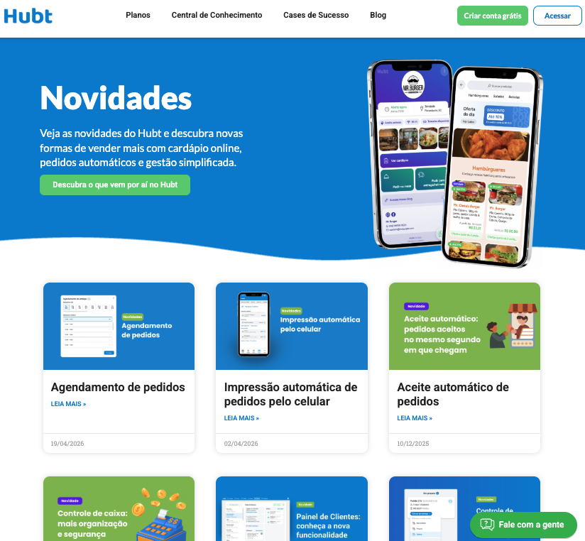 Página de novidades do Hubt, com um cartão para cada melhoria lançada