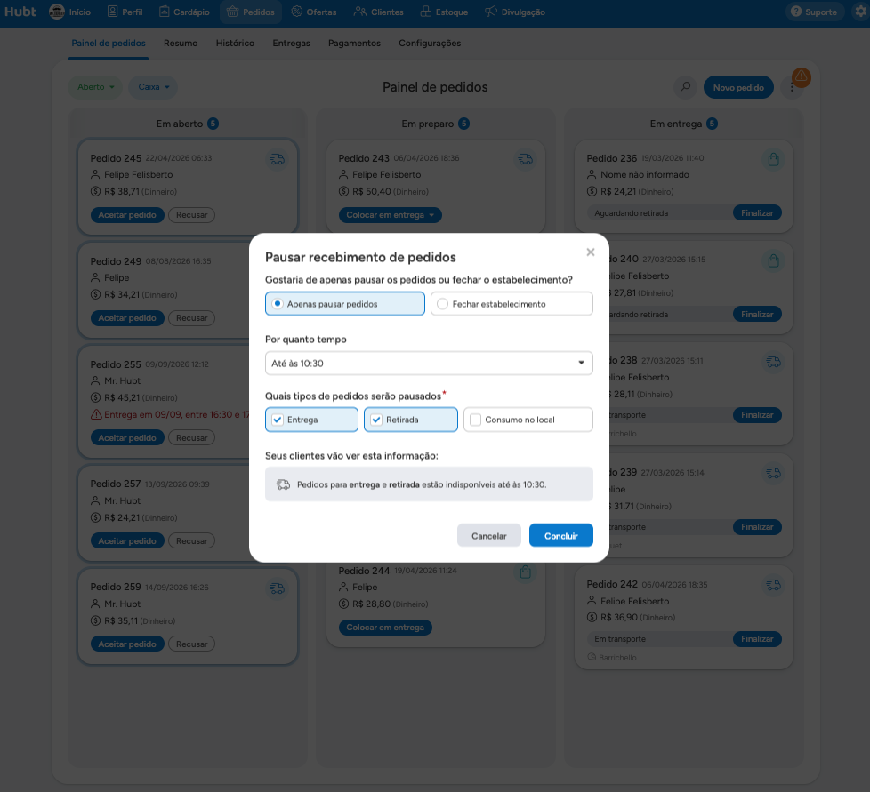 Janela Pausar recebimento de pedidos com Apenas pausar pedidos marcado, o horario de retorno e os tipos de pedido