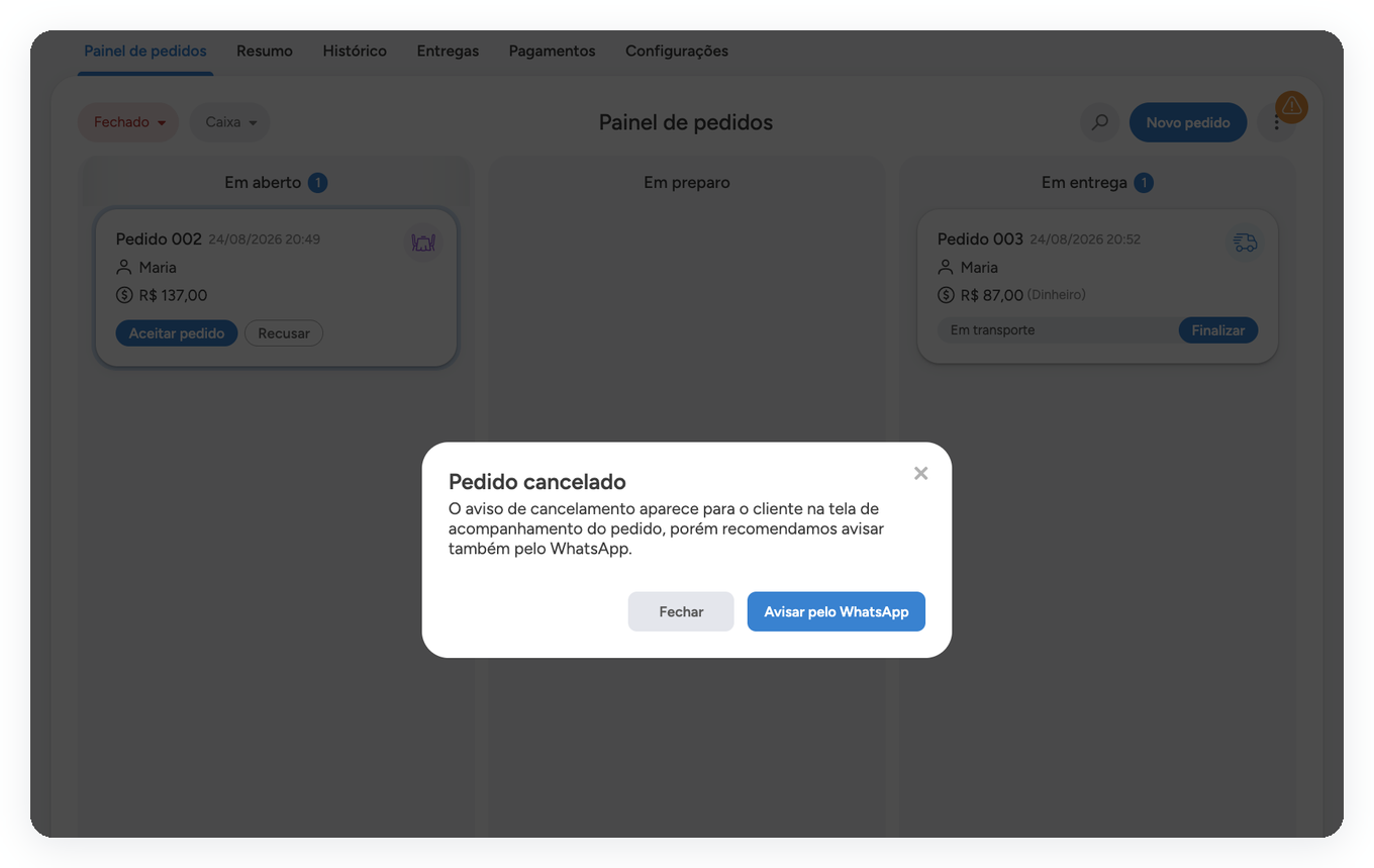 Aviso Pedido cancelado, com o botao Avisar pelo WhatsApp