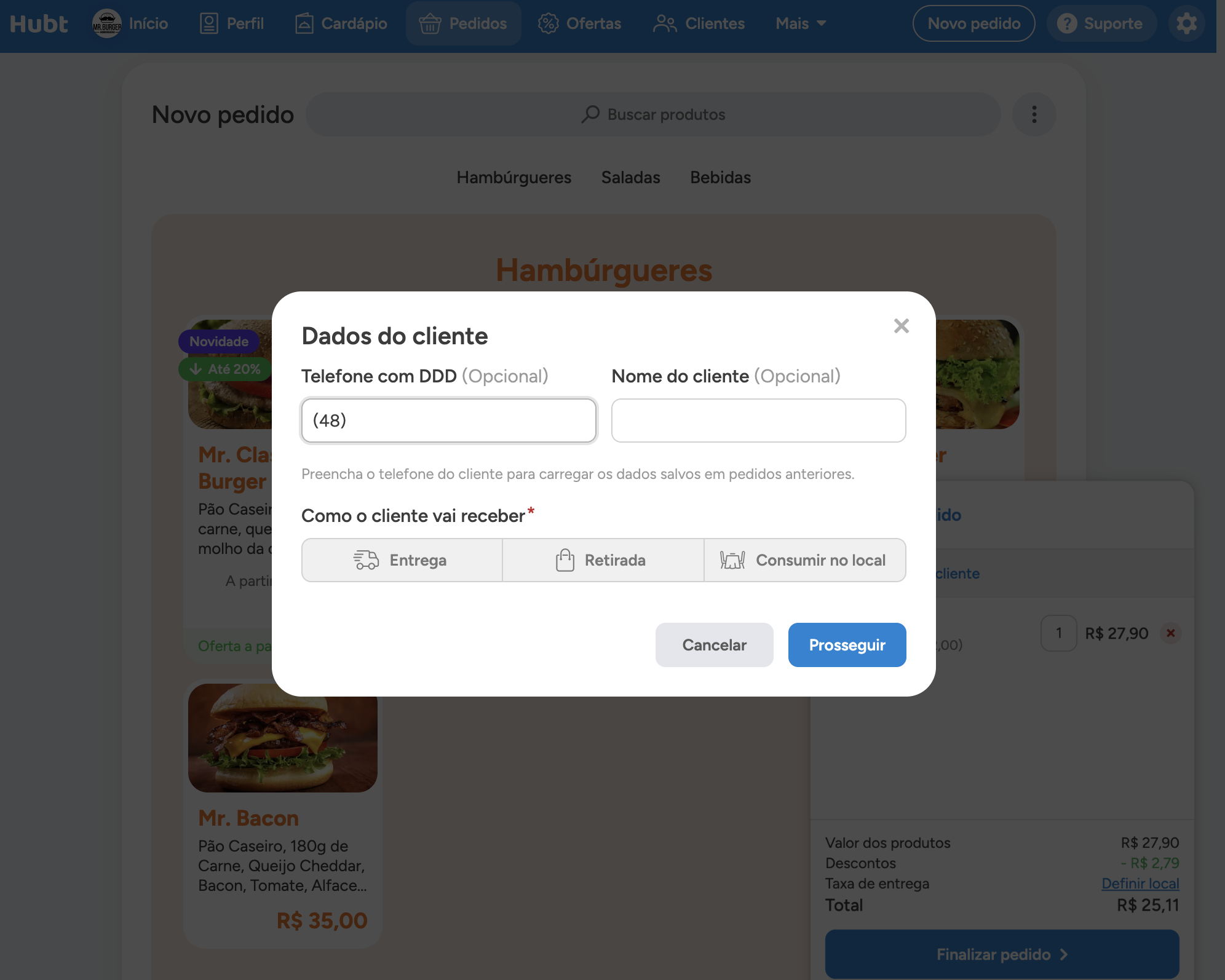 Janela Dados do cliente com telefone com DDD, nome do cliente e a escolha entre Entrega, Retirada e Consumir no local