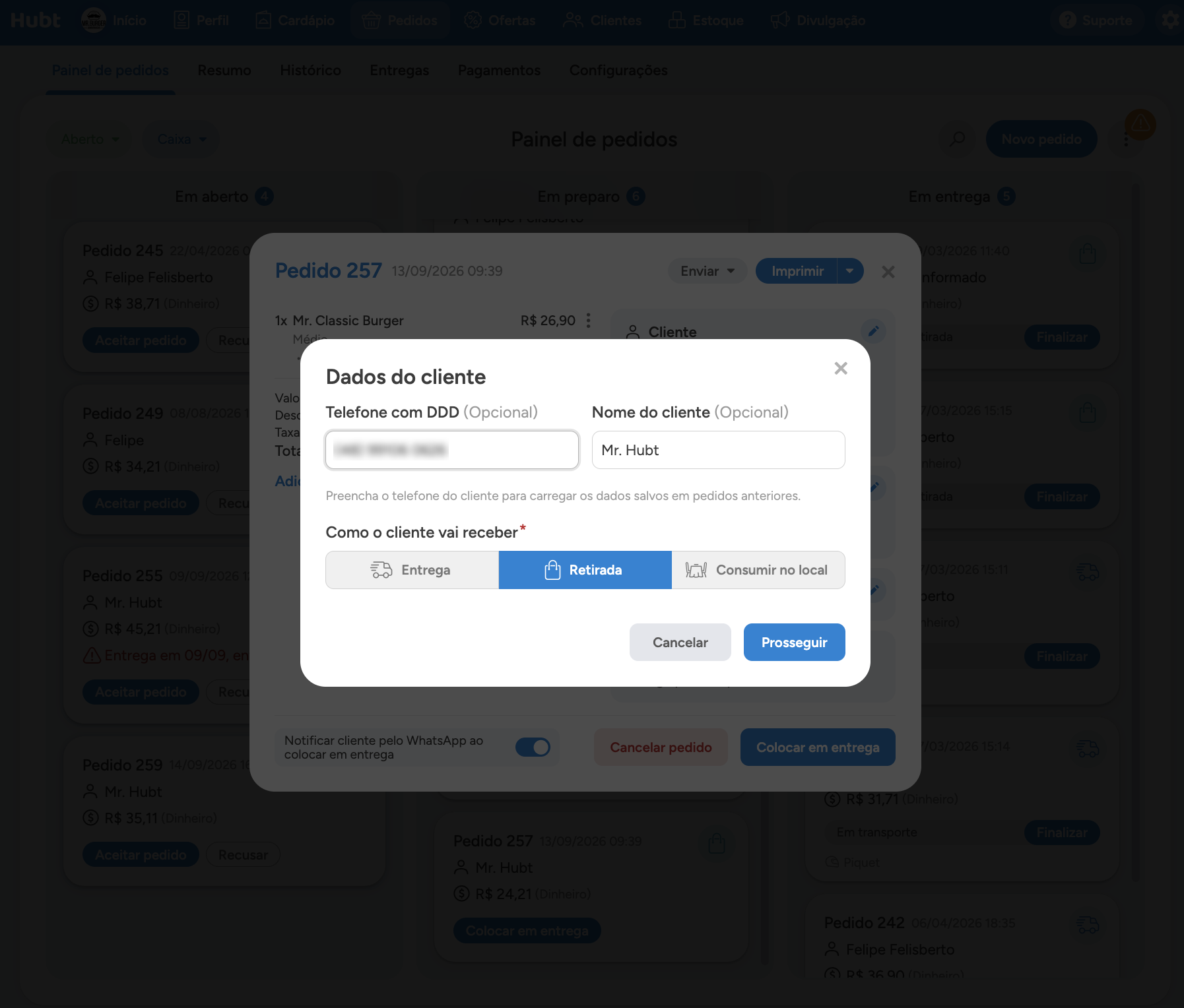 Janela Dados do cliente com telefone, nome e tipo de entrega