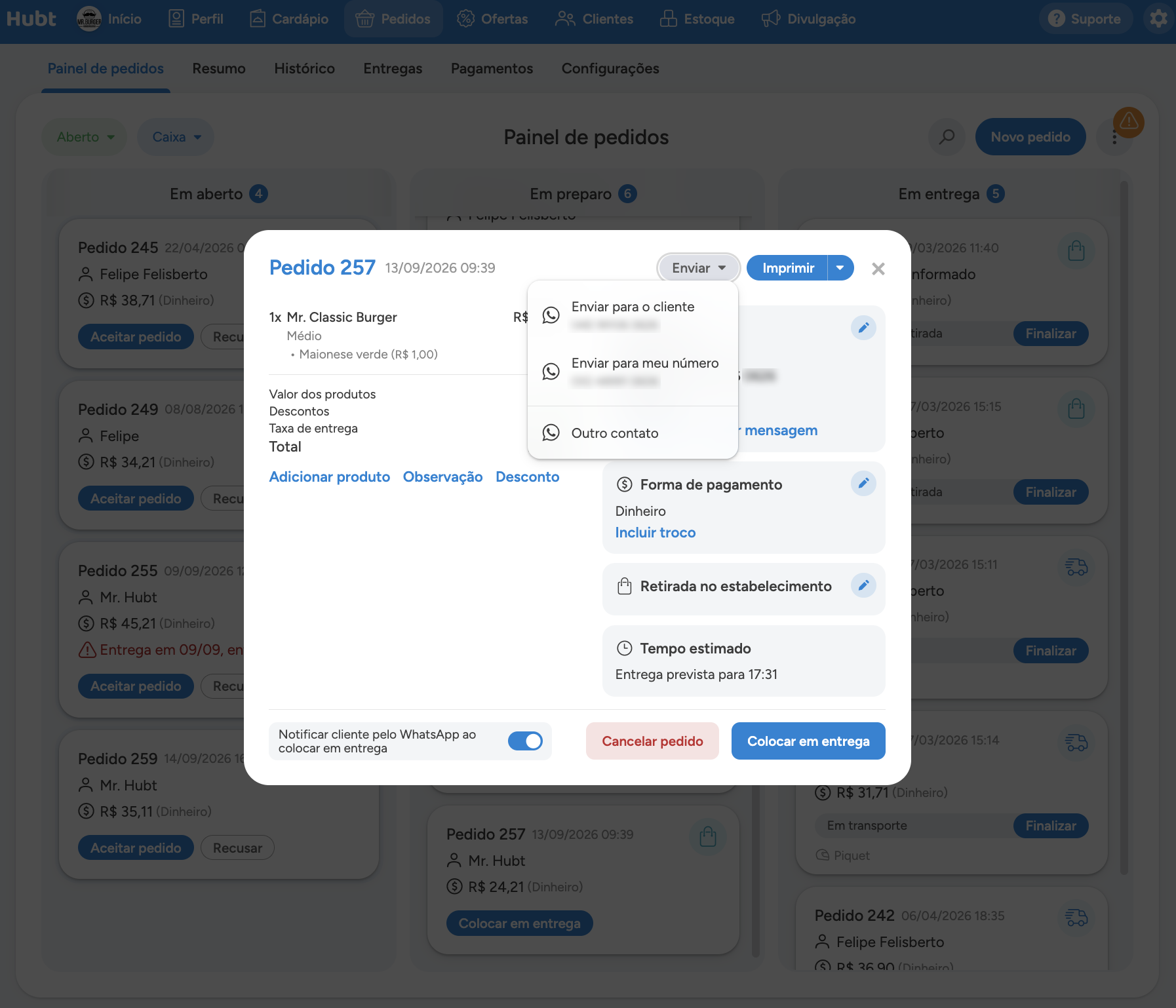 Menu do botão Enviar com as opções de destinatário da mensagem