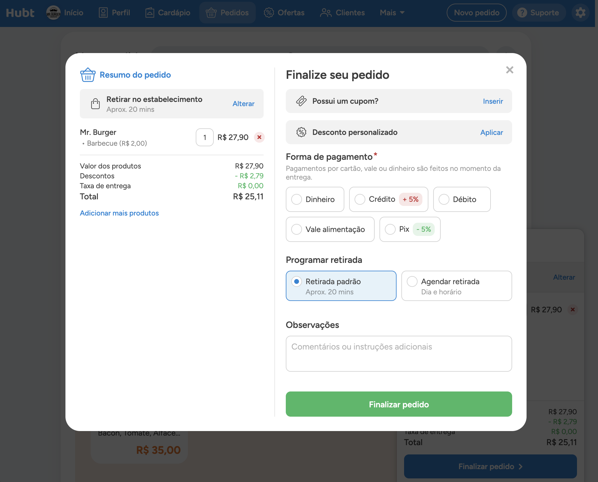 Tela Finalize seu pedido com o resumo, a forma de pagamento e a programação da retirada