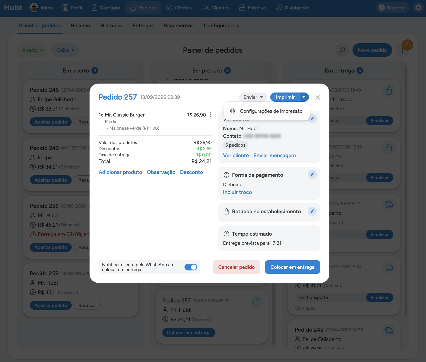 Menu de configurações de impressão aberto pela setinha ao lado do botão Imprimir