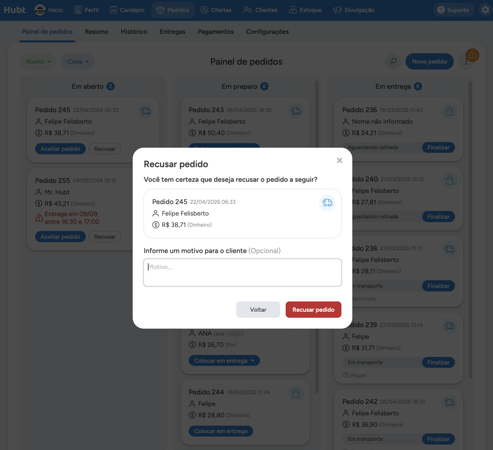 Janela Recusar pedido com o campo de motivo para o cliente