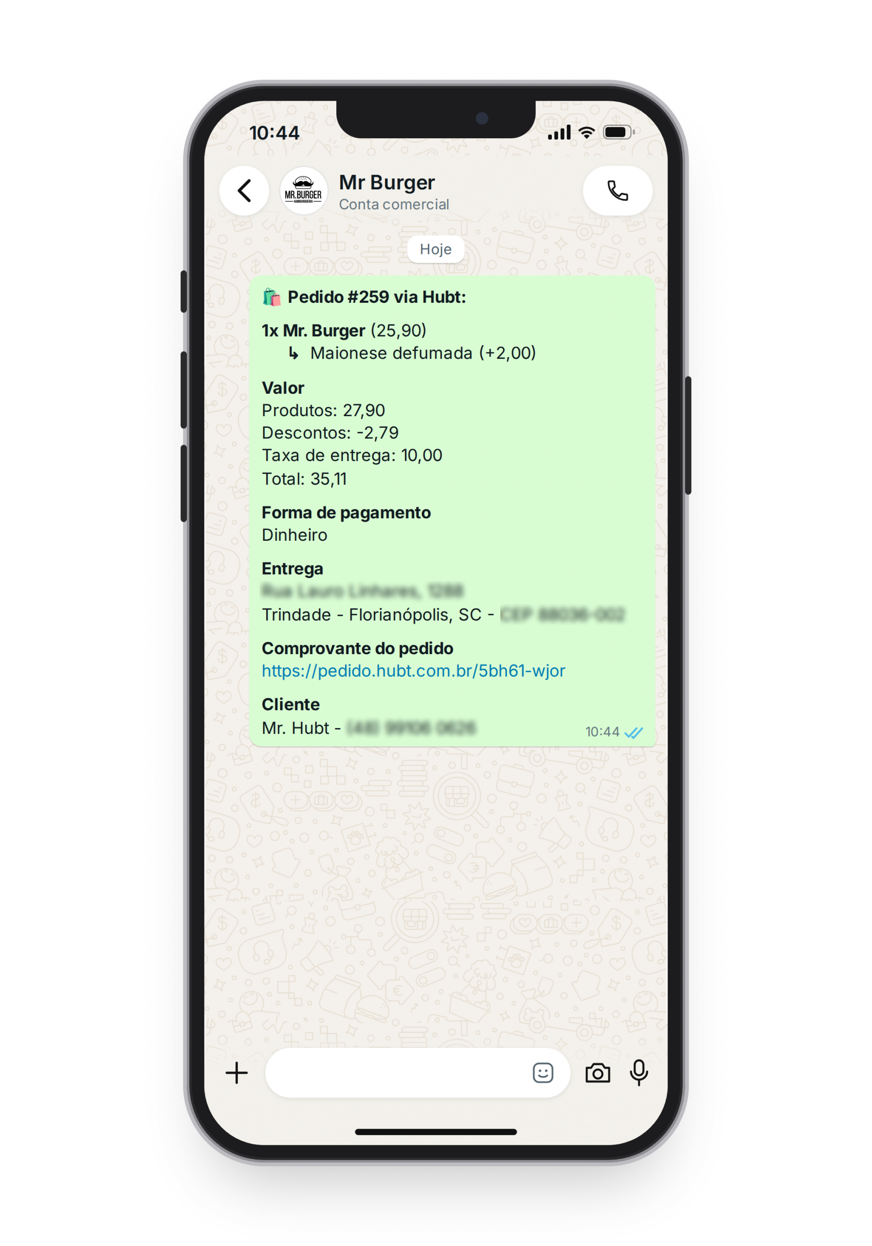 Mensagem do pedido que o cliente recebe no WhatsApp, com o resumo e o link do comprovante