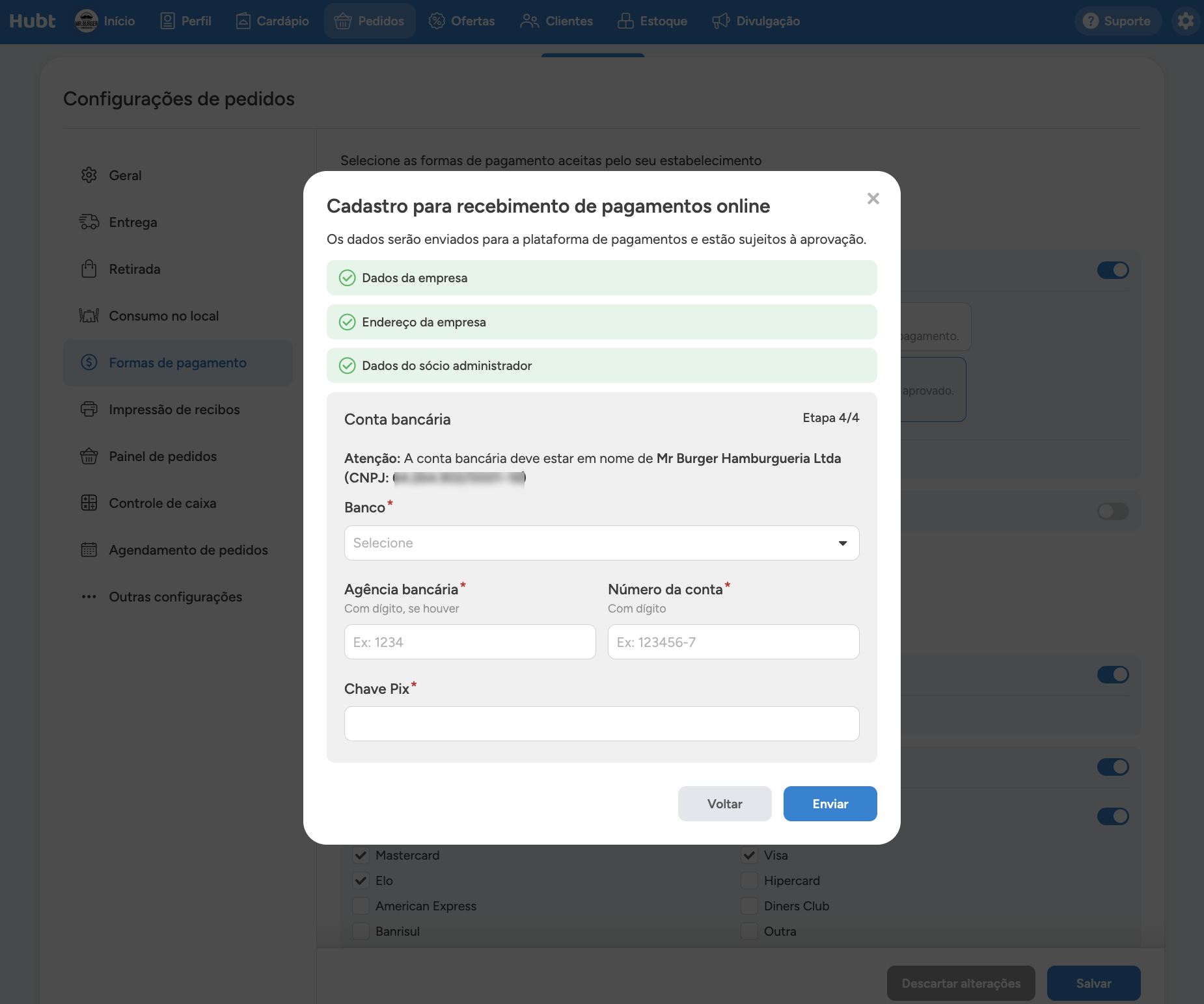 Etapa Conta bancária do cadastro para recebimento de pagamentos online