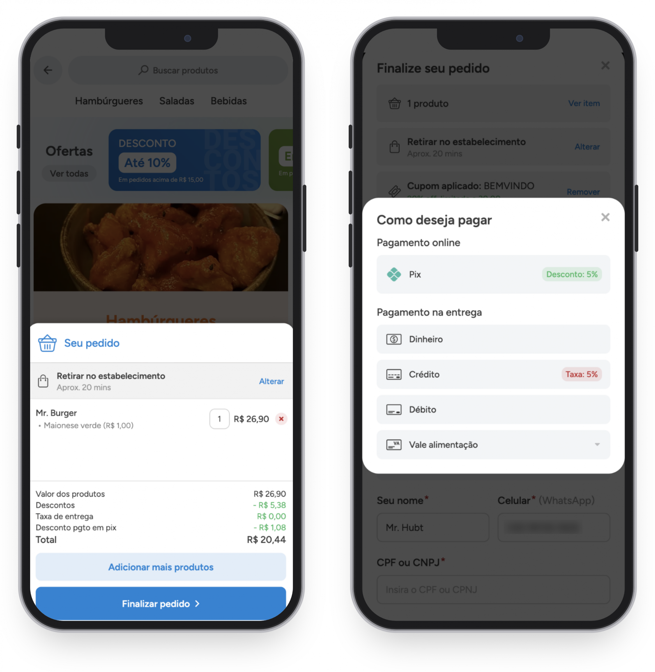 Duas telas do cliente no celular: resumo do pedido e a tela Como deseja pagar, com o desconto do Pix e a taxa do crédito