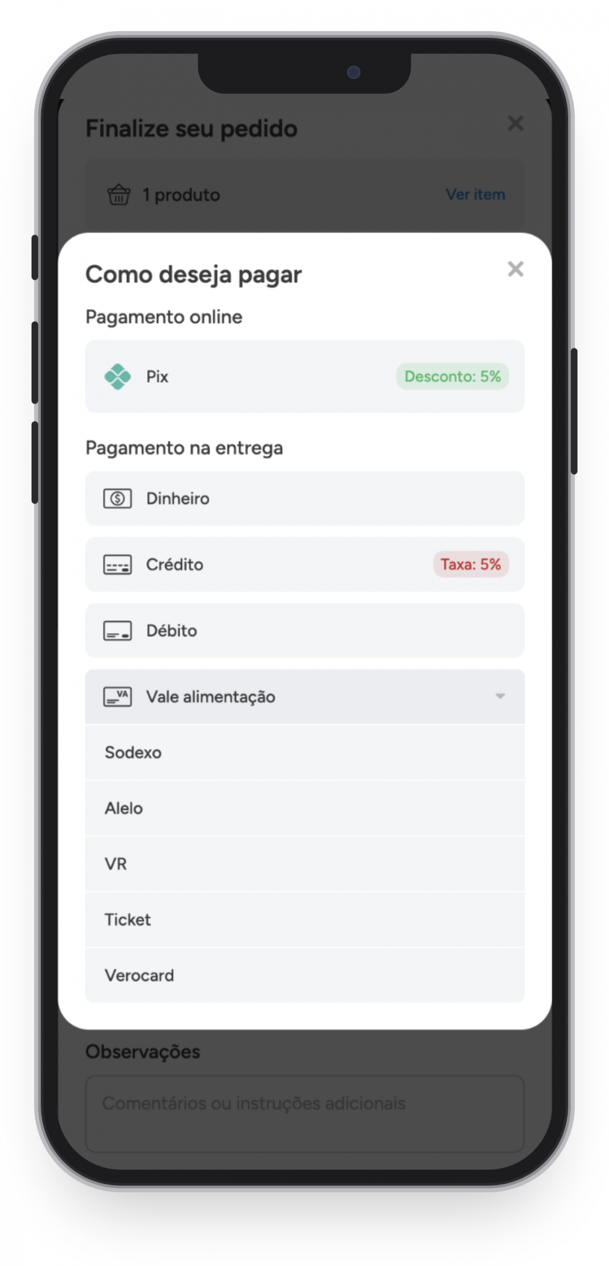 Tela Como deseja pagar no celular com a lista de bandeiras do vale alimentação aberta