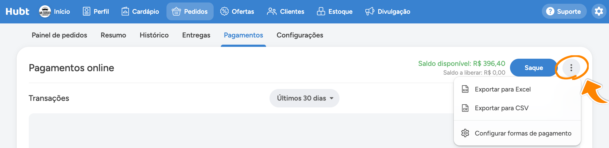 Menu dos tres pontos da aba Pagamentos circulado, com Exportar para Excel, Exportar para CSV e Configurar formas de pagamento