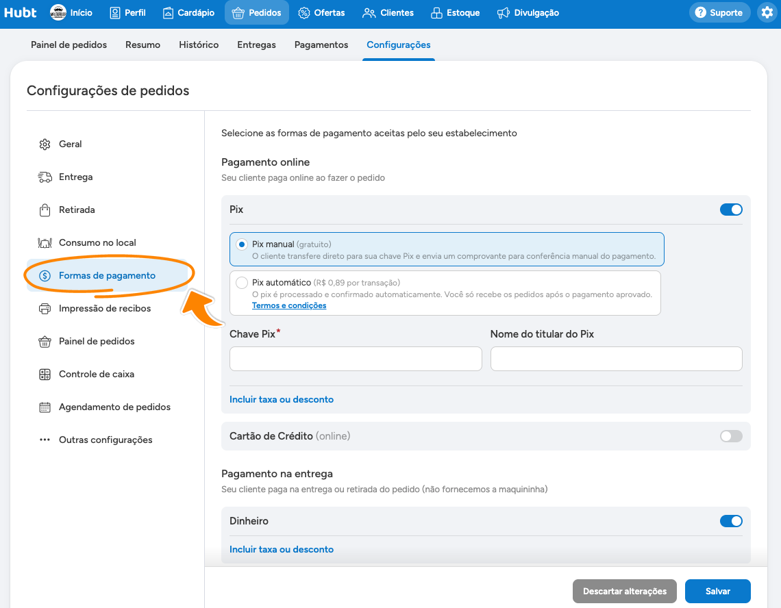 Menu lateral com Formas de pagamento circulado e o bloco de pagamento online ao lado