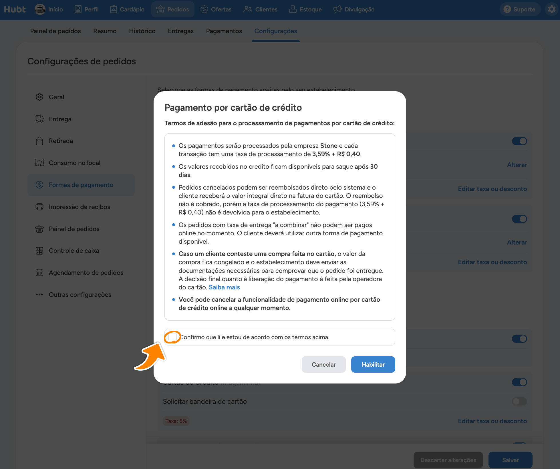 Termos do pagamento por cartão de crédito, com a caixa Confirmo que li circulada