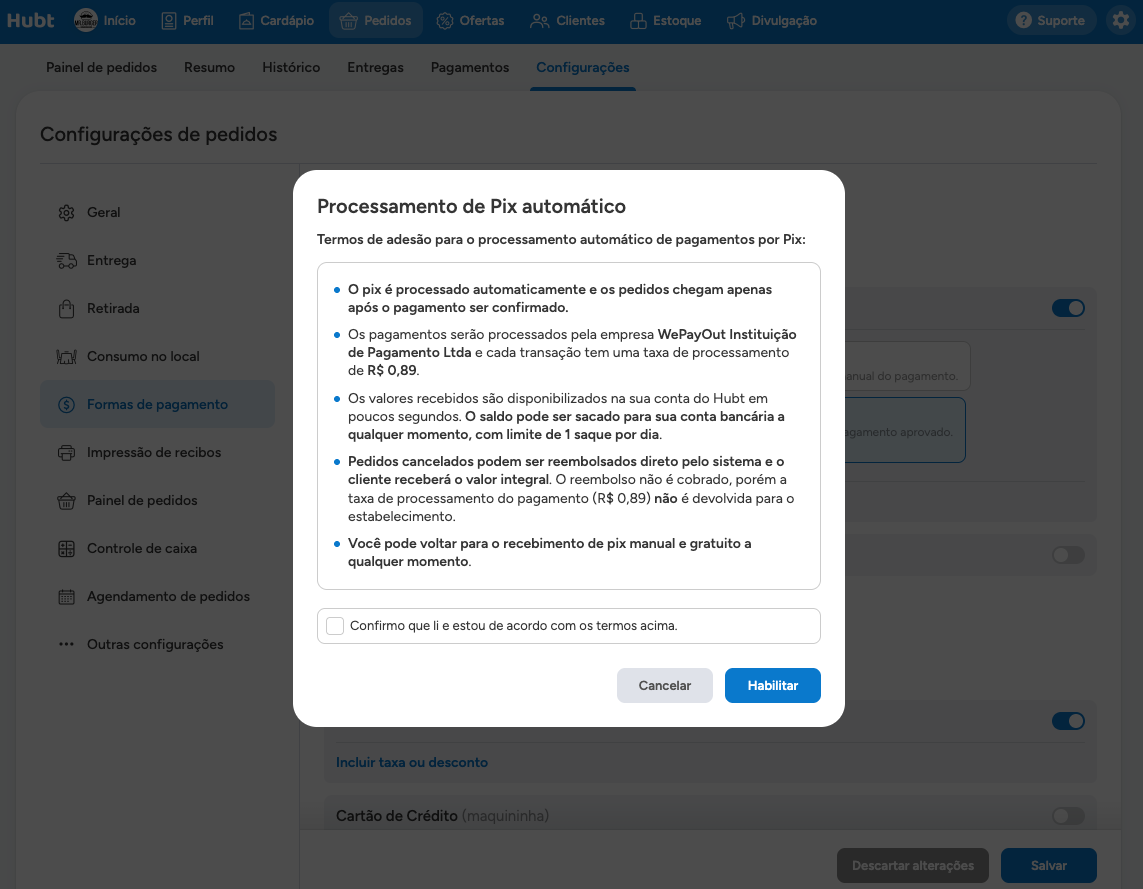 Janela Processamento de Pix automatico com os termos e o botao Habilitar