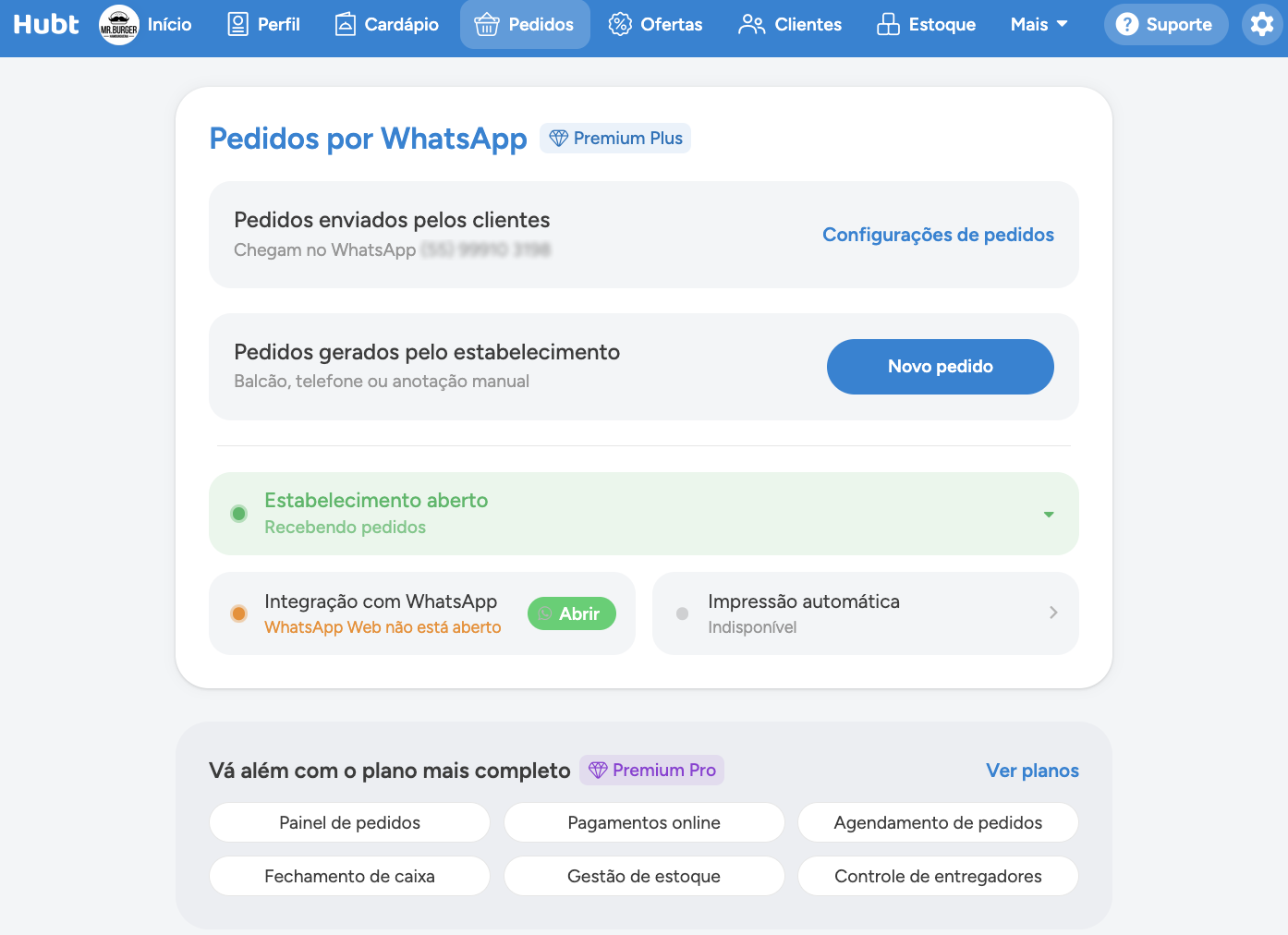 Tela Pedidos por WhatsApp no plano Premium Plus