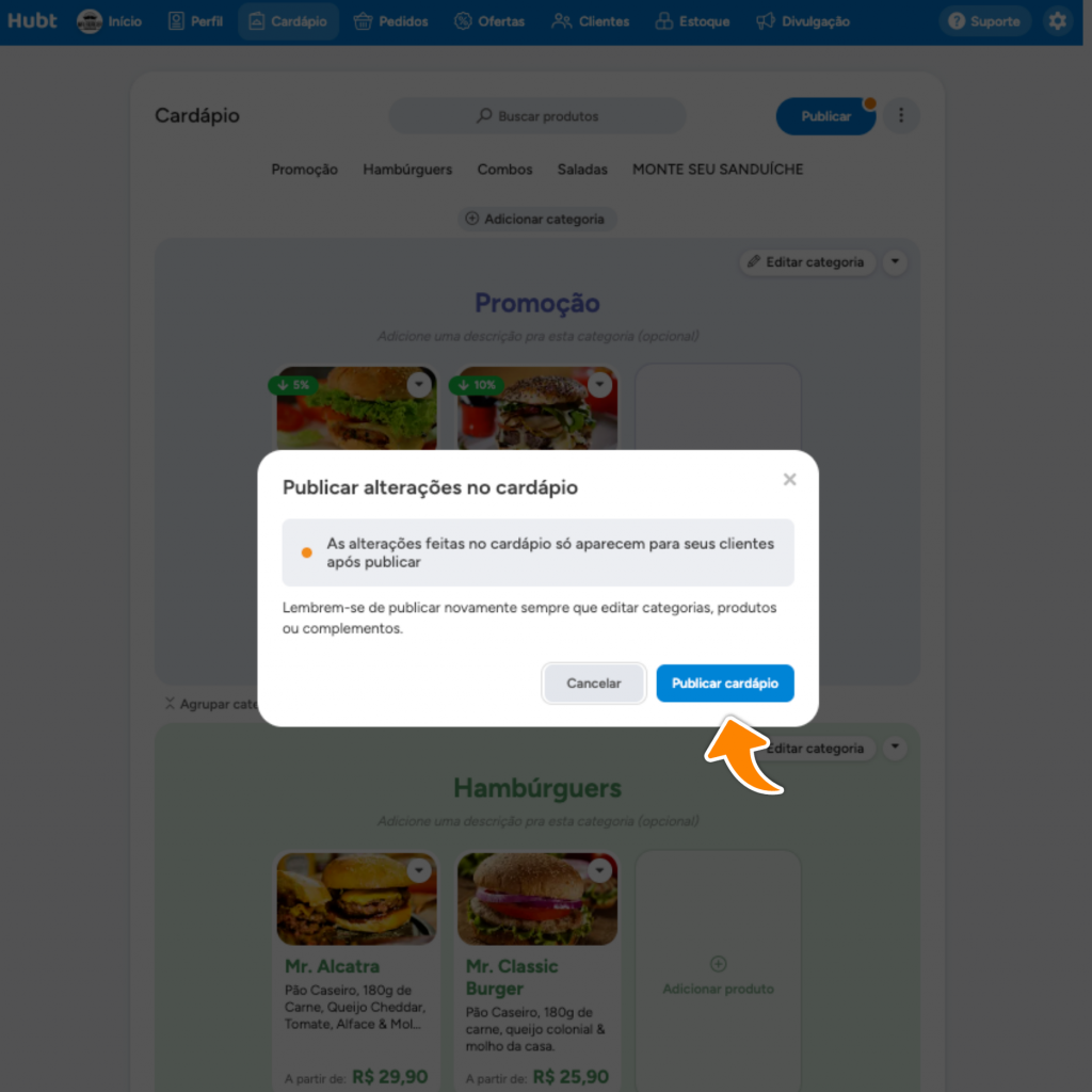 Caixa Publicar alterações no cardápio, com uma seta laranja apontando para o botão Publicar cardápio