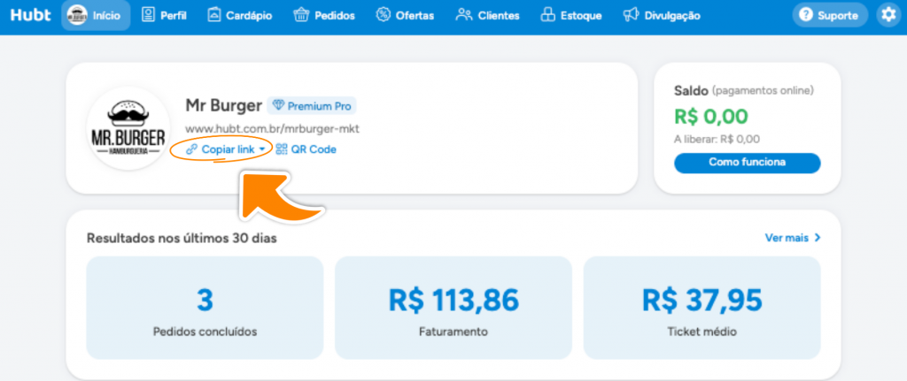 Tela de Início do Hubt com o botão Copiar link destacado abaixo do nome do estabelecimento