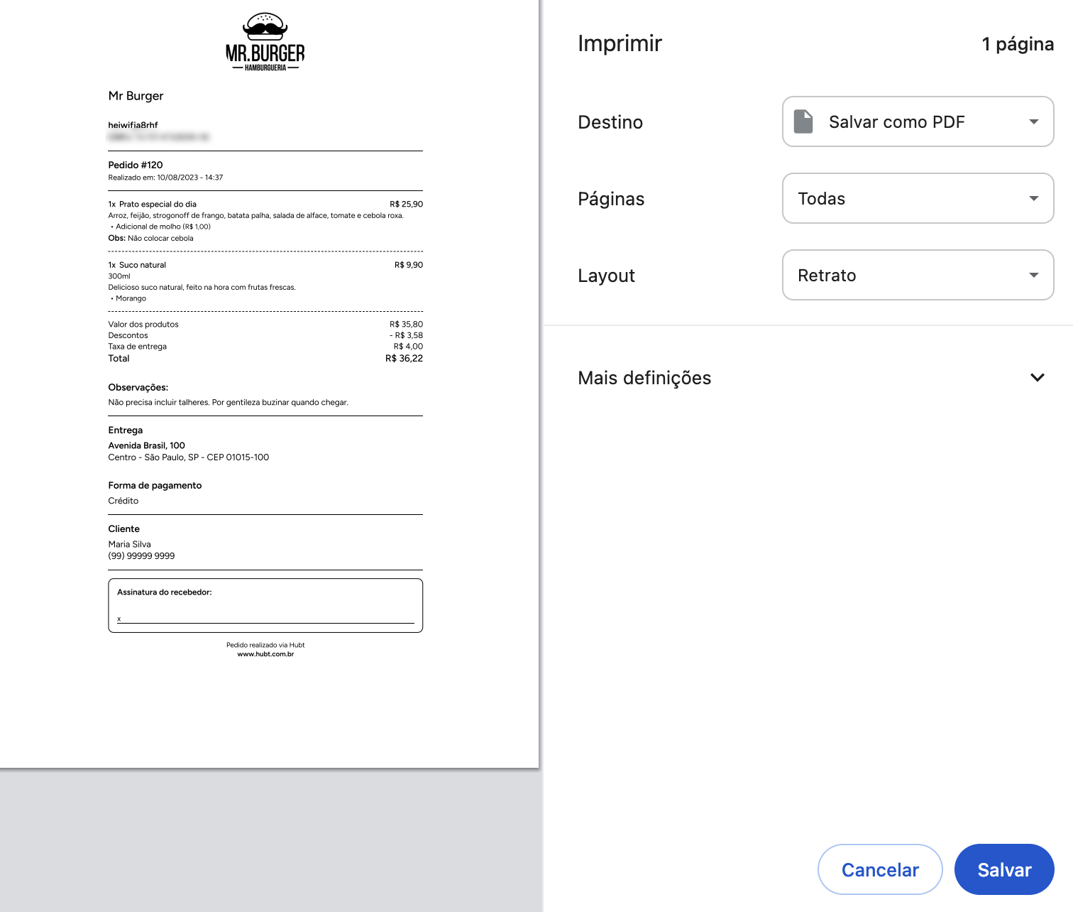 Prévia de impressão do navegador com o recibo de teste à esquerda e as opções de destino e layout à direita