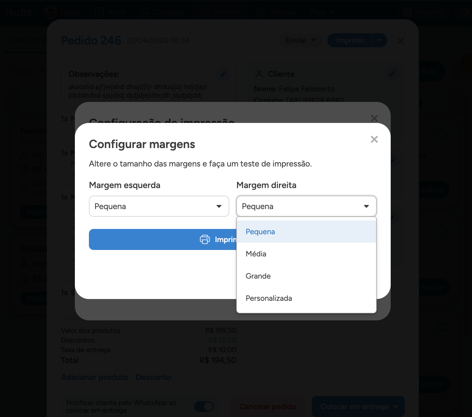 Janela Configurar margens com a lista aberta: Pequena, Média, Grande e Personalizada