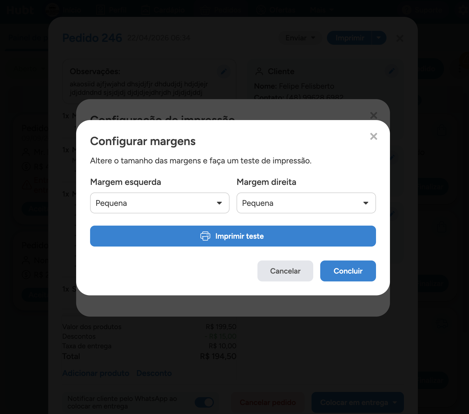 Janela Configurar margens, com a margem esquerda, a margem direita, o botão Imprimir teste e o botão Concluir