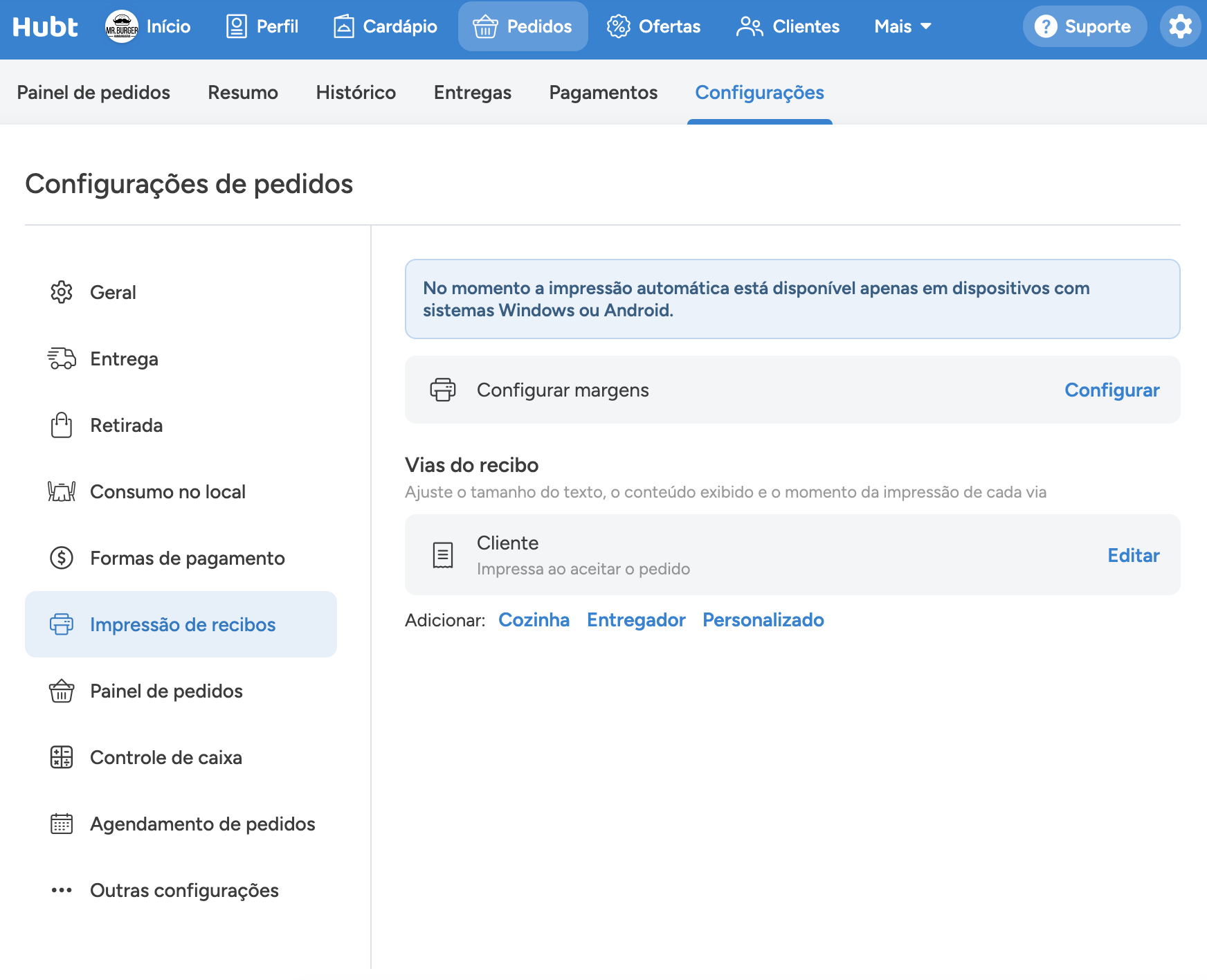 Seção Impressão de recibos, com o Configurar margens no topo e as vias do recibo listadas embaixo